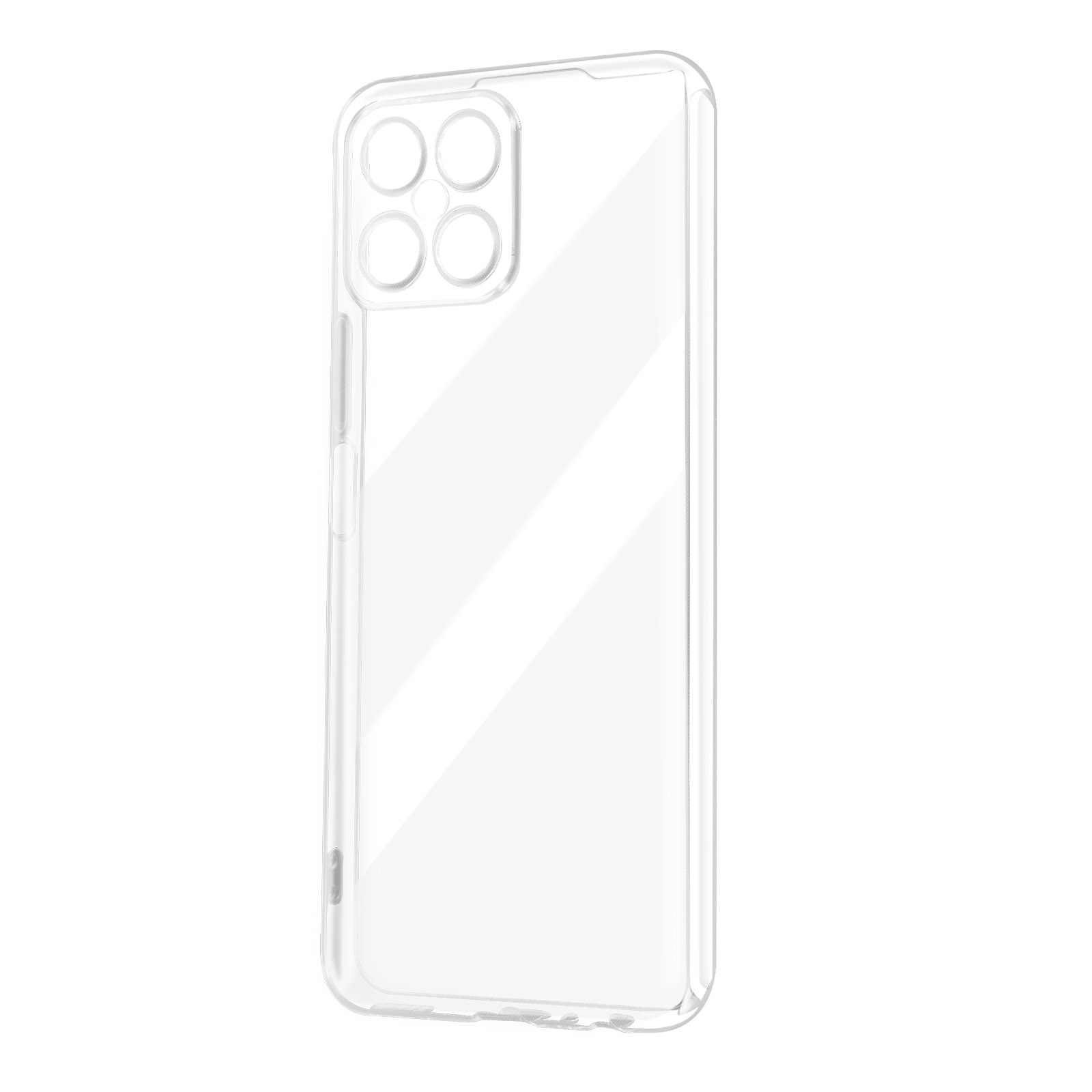 Custodia trasparente per telefono con fori per la fotocamera, su sfondo bianco.