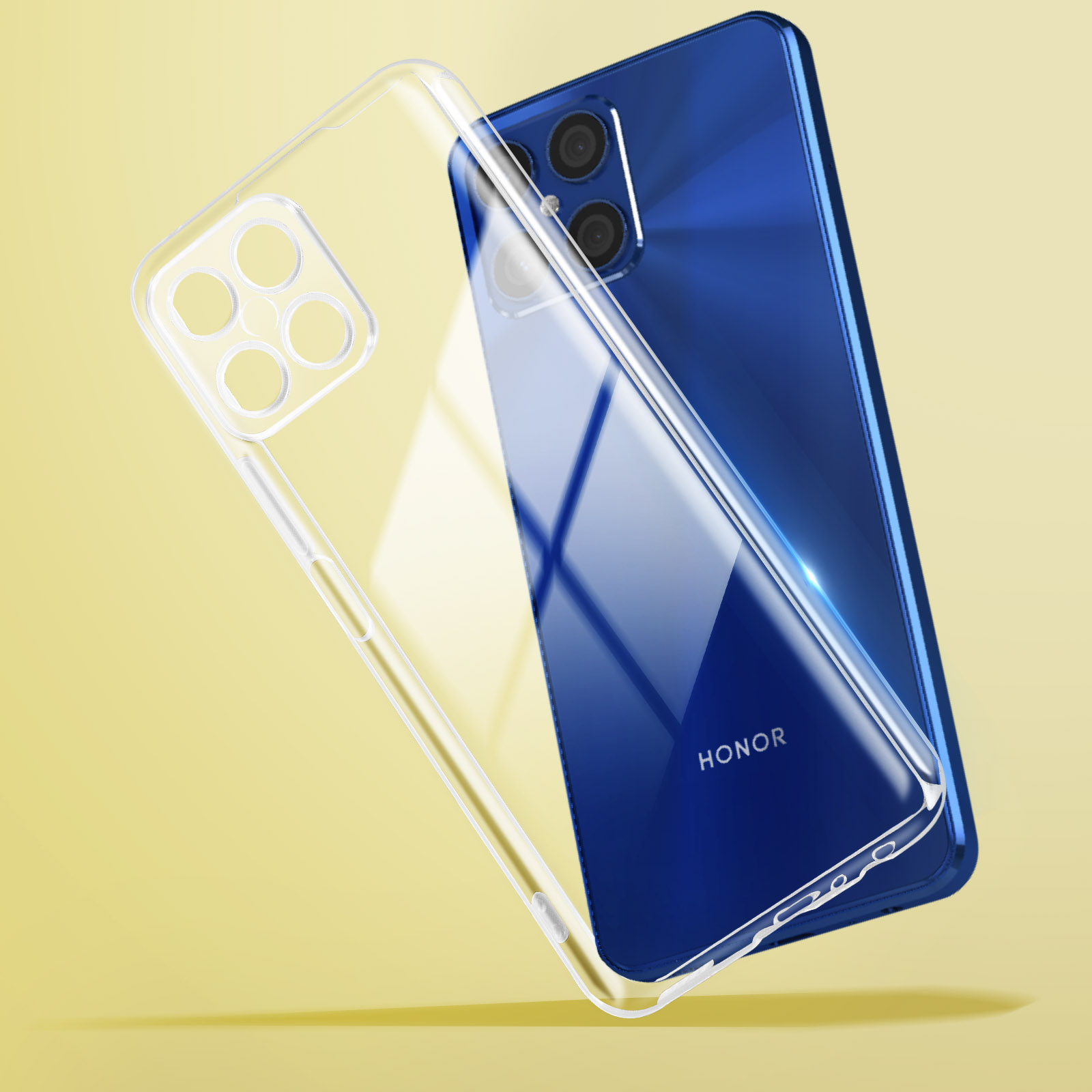 Telefono blu con custodia trasparente; ha lenti della fotocamera.