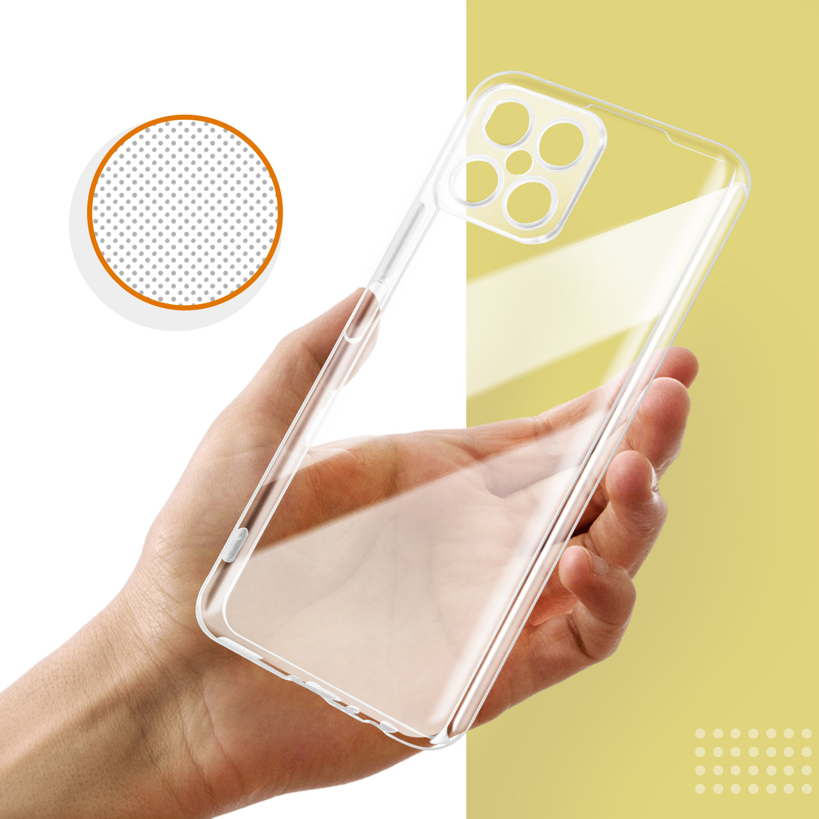 Mano che tiene una custodia trasparente per telefono con ritagli per fotocamera, sfondo giallo.