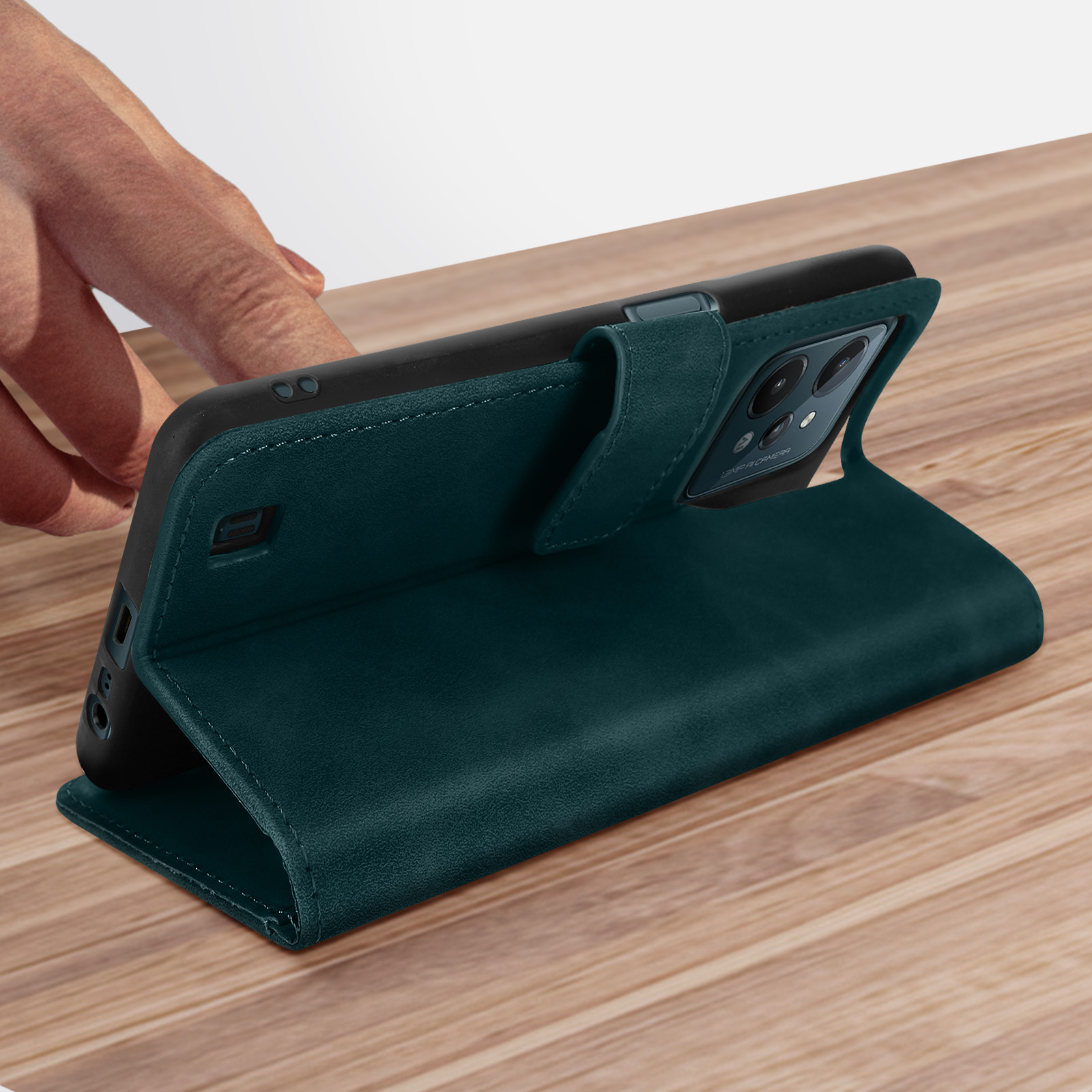 Ein Telefon in einer teal Hülle liegt auf Holzoberfläche.