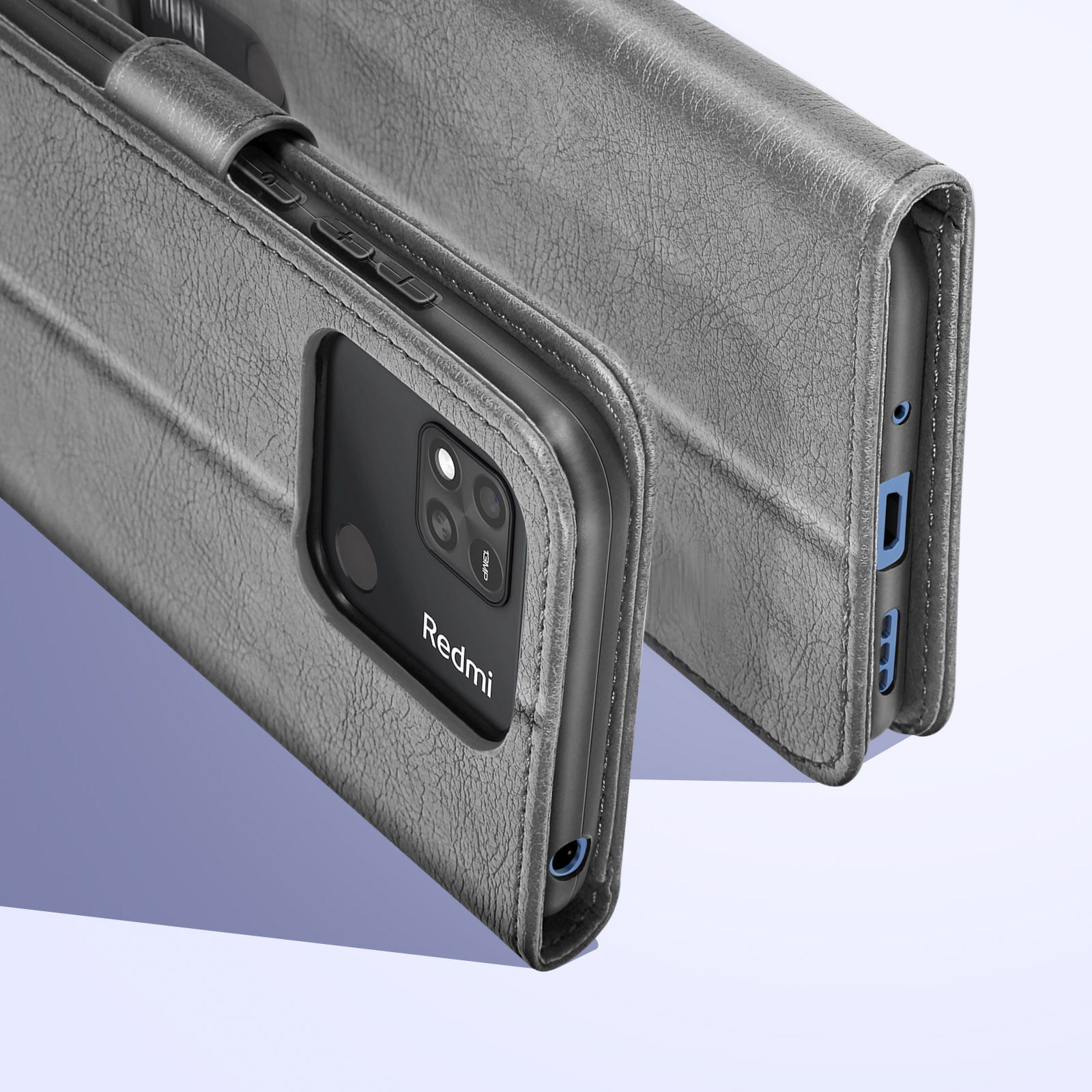 Eine graue Leder-Handyhülle mit einem Telefon darin. Das Redmi-Logo ist sichtbar, die Hülle ist offen.