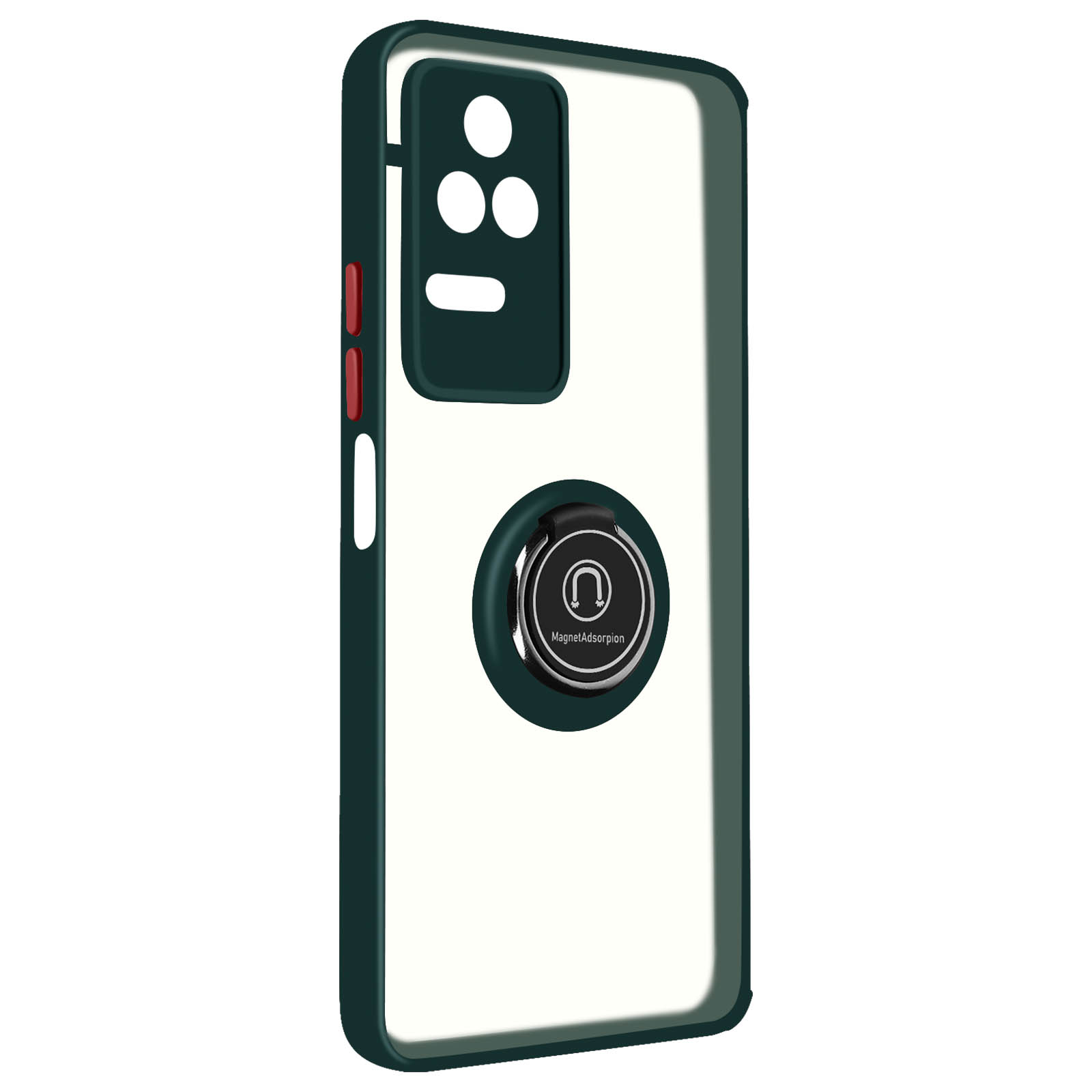 Custodia telefono, cornice verde scuro, retro trasparente. Supporto circolare nero con magnete.