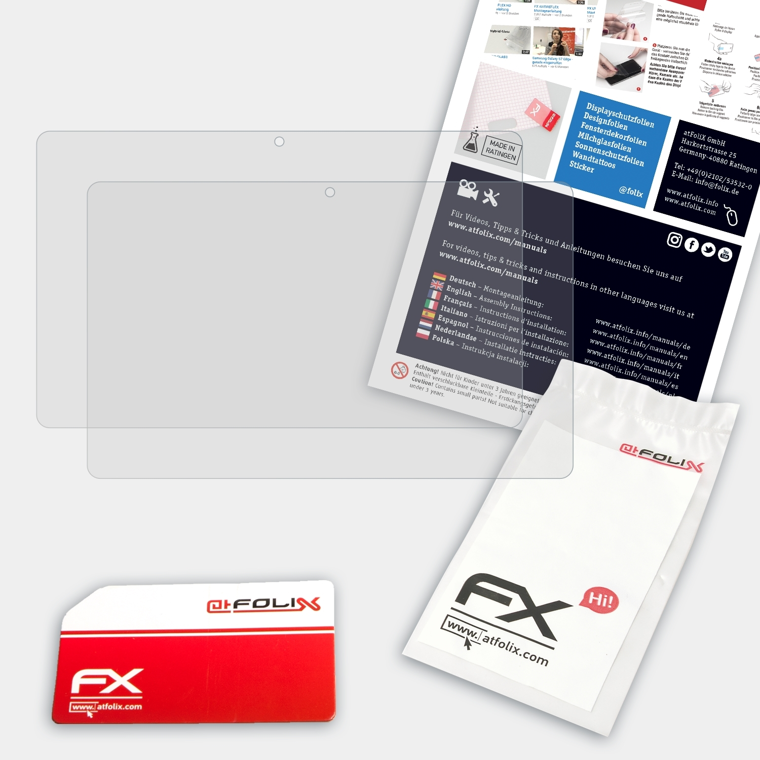 Klare Displayschutzfolien, Karte und Verpackung auf weißer Oberfläche. Text und Logo sichtbar.