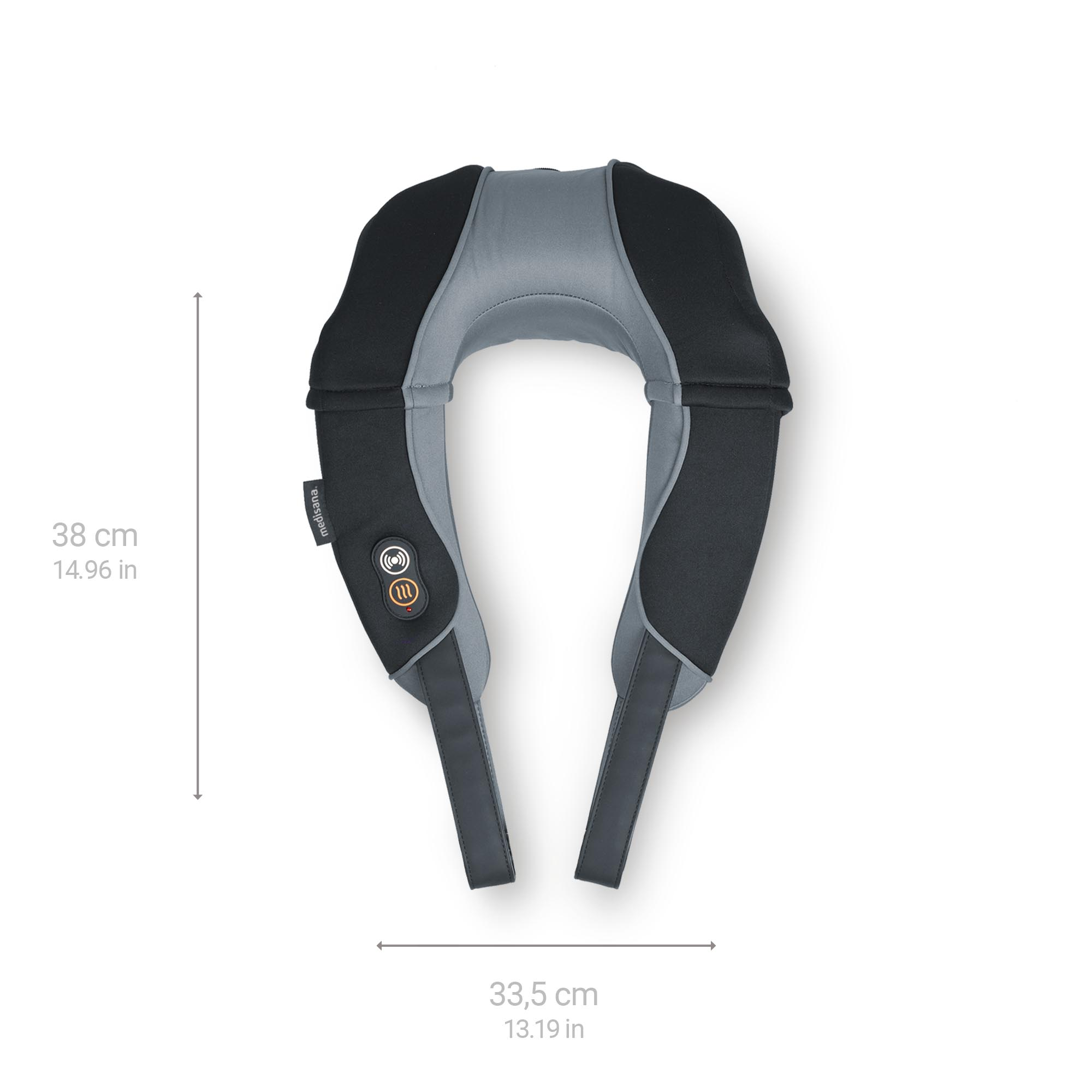 Masażer szyi, czarny i szary, z przyciskami i skalą pomiarową w cm i calach.