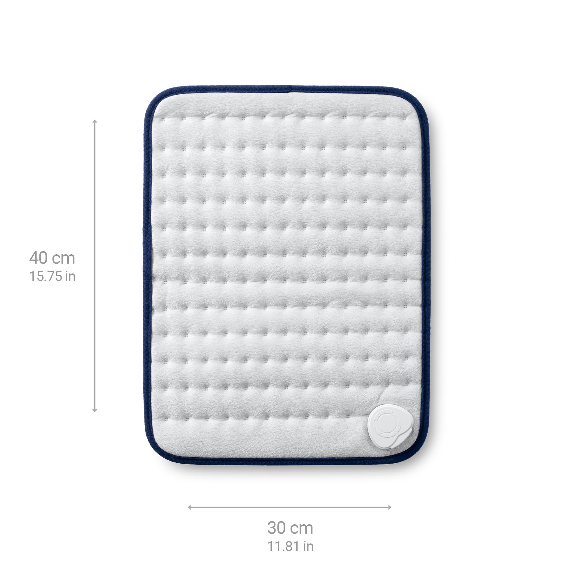 Biała prostokątna podkładka grzewcza z ciemnoniebieską obwódką. Wymiary podkładki są pokazane.