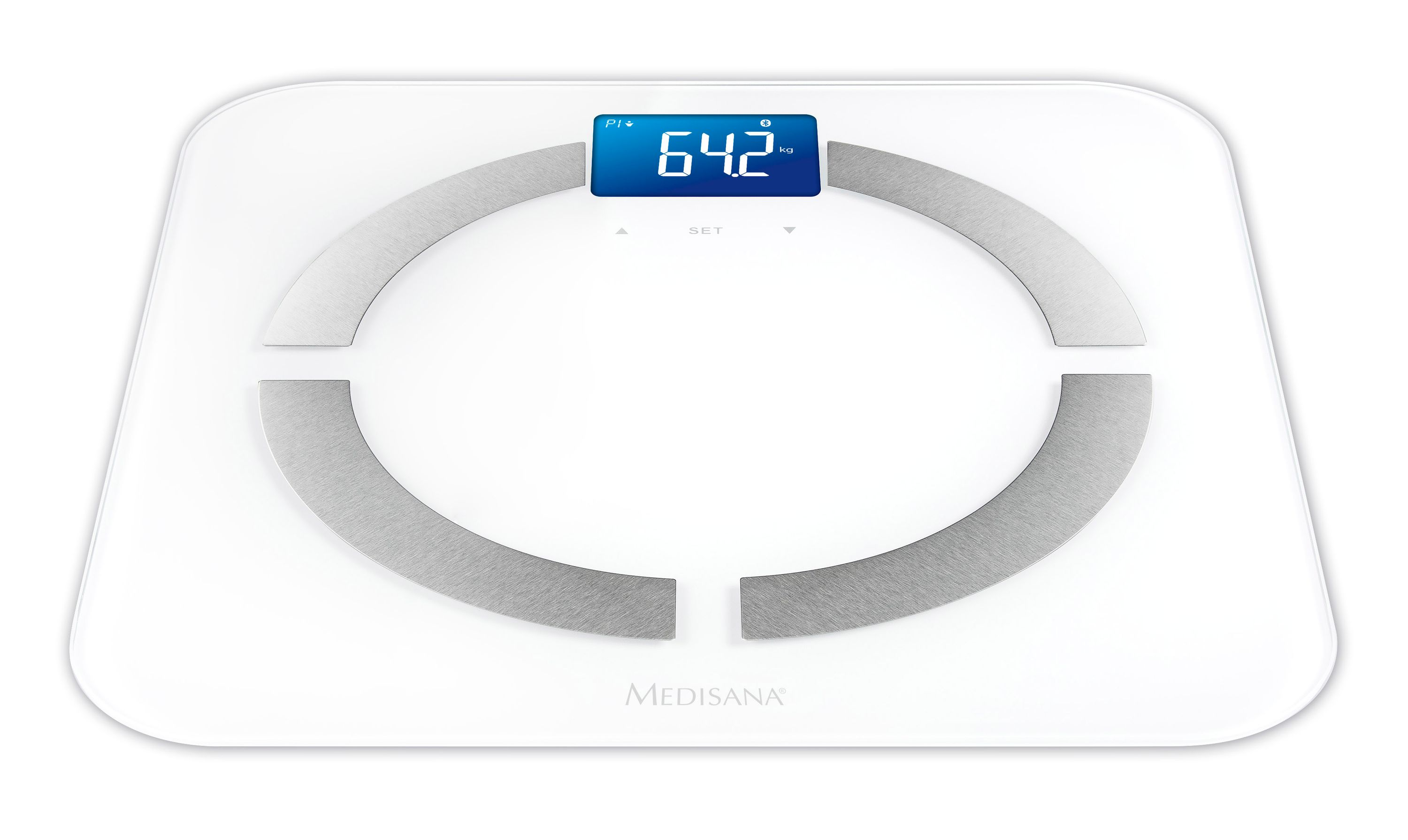 Biała waga cyfrowa z niebieskim wyświetlaczem pokazującym 64,2 kg.