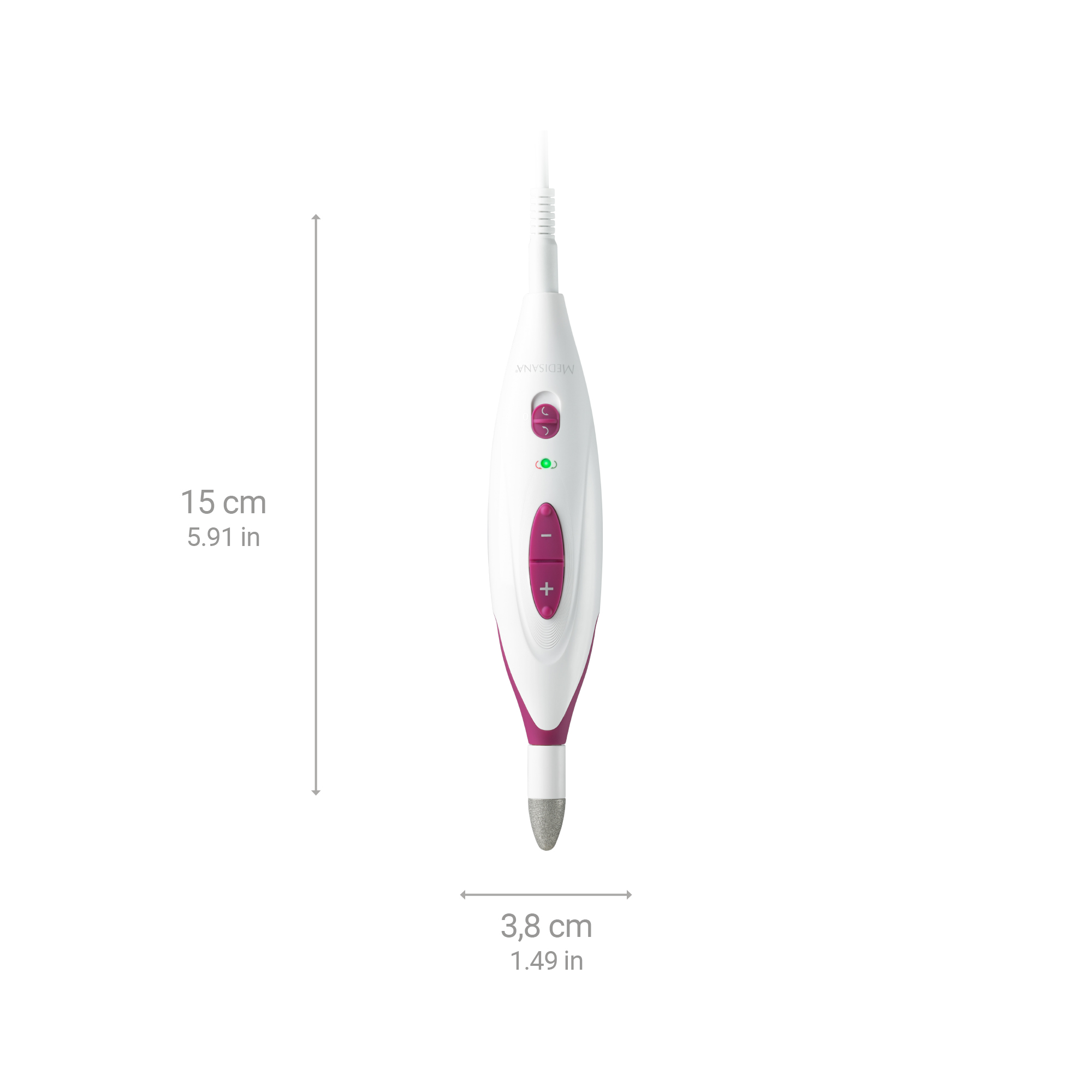 A white nail care tool with a pink accent and measurements.