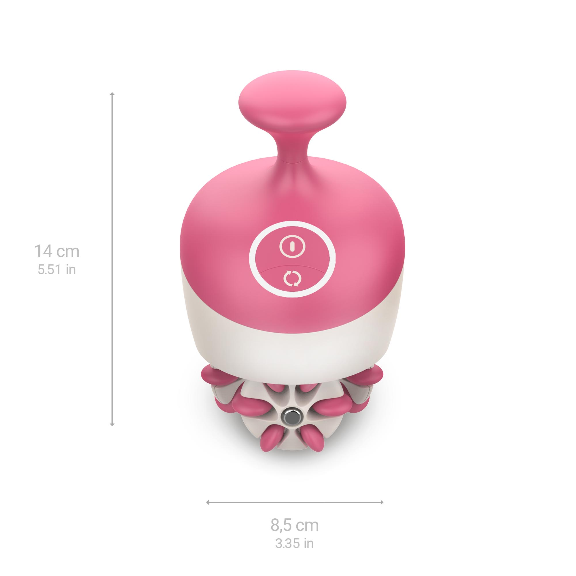 Pink and white massage device. It has a rounded top and a flower-like bottom with dimensions labeled in cm and inches.