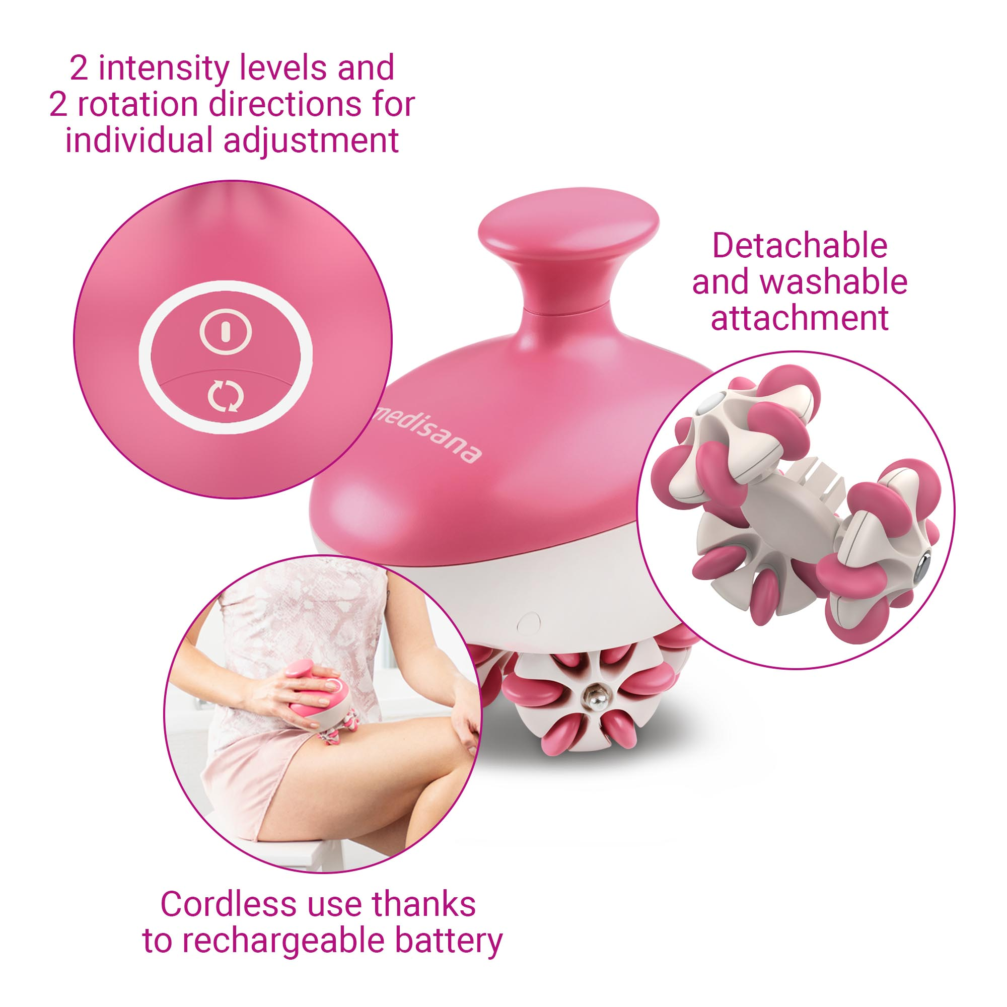 Pink massager with detachable head and woman using it. White background with details.