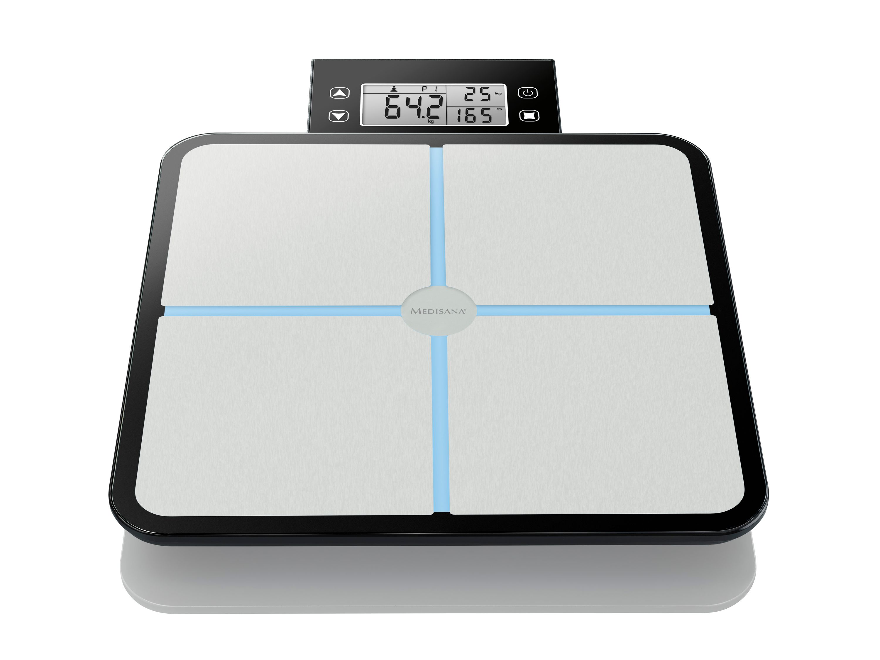 Báscula inteligente en blanco y negro con pantalla que muestra peso y porcentaje de grasa corporal.