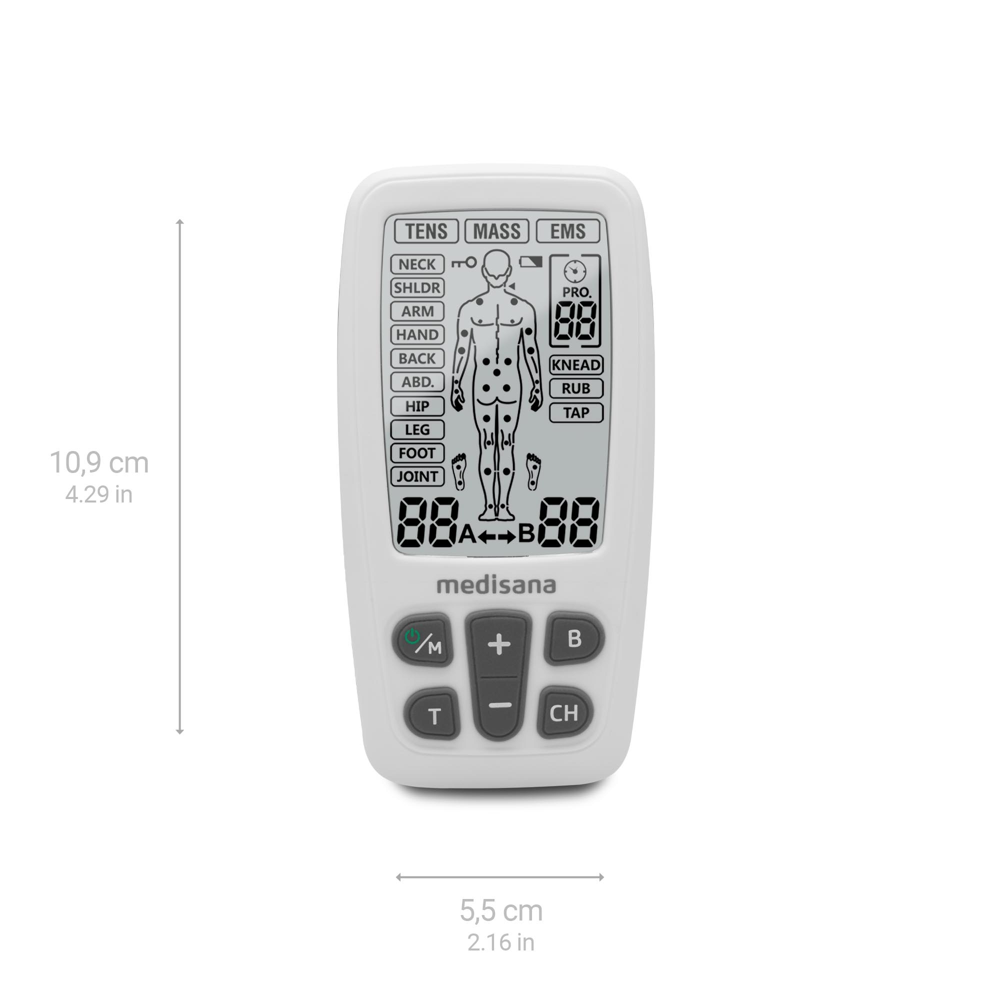 Dispositivo TENS/EMS blanco con botones y pantalla digital. Muestra un diagrama del cuerpo humano.