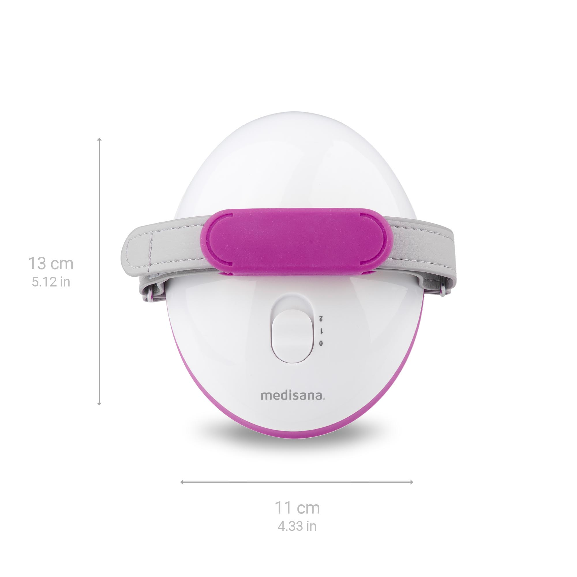 White and purple medical device with a strap. Contains a button and the brand name.