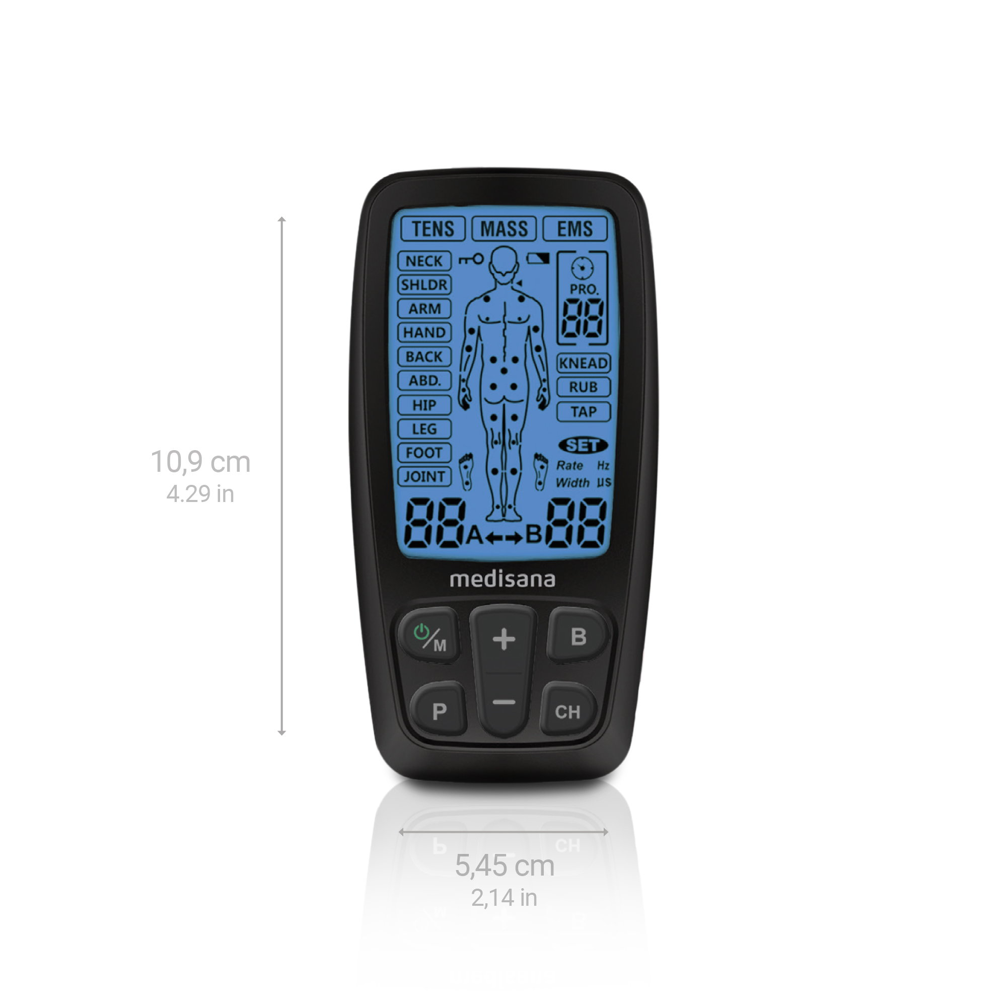 Dispositivo electrónico negro con pantalla que muestra un diagrama del cuerpo y botones de control.