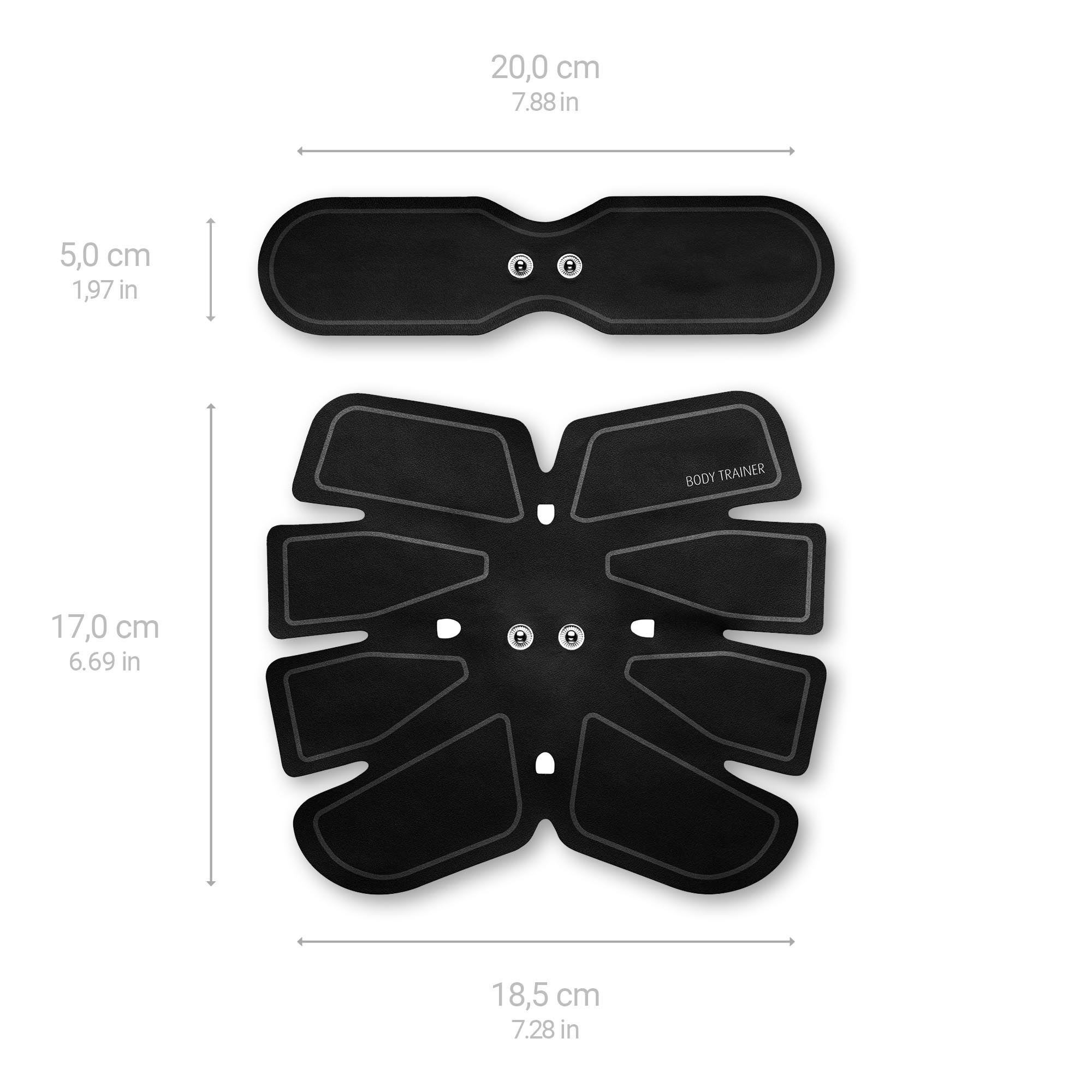 Parches EMS negros con medidas: 20cm, 5cm, 17cm, 18.5cm. Fondo blanco.