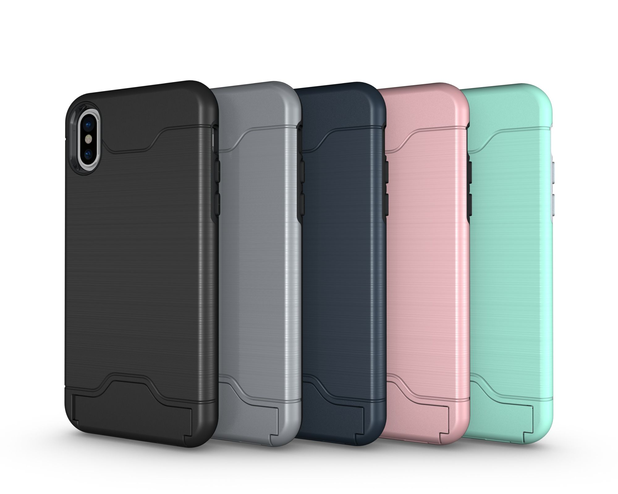 Fünf Handyhüllen in einer Reihe, verschiedene Farben: Schwarz, Grau, Marineblau, Rosa und Mintgrün.