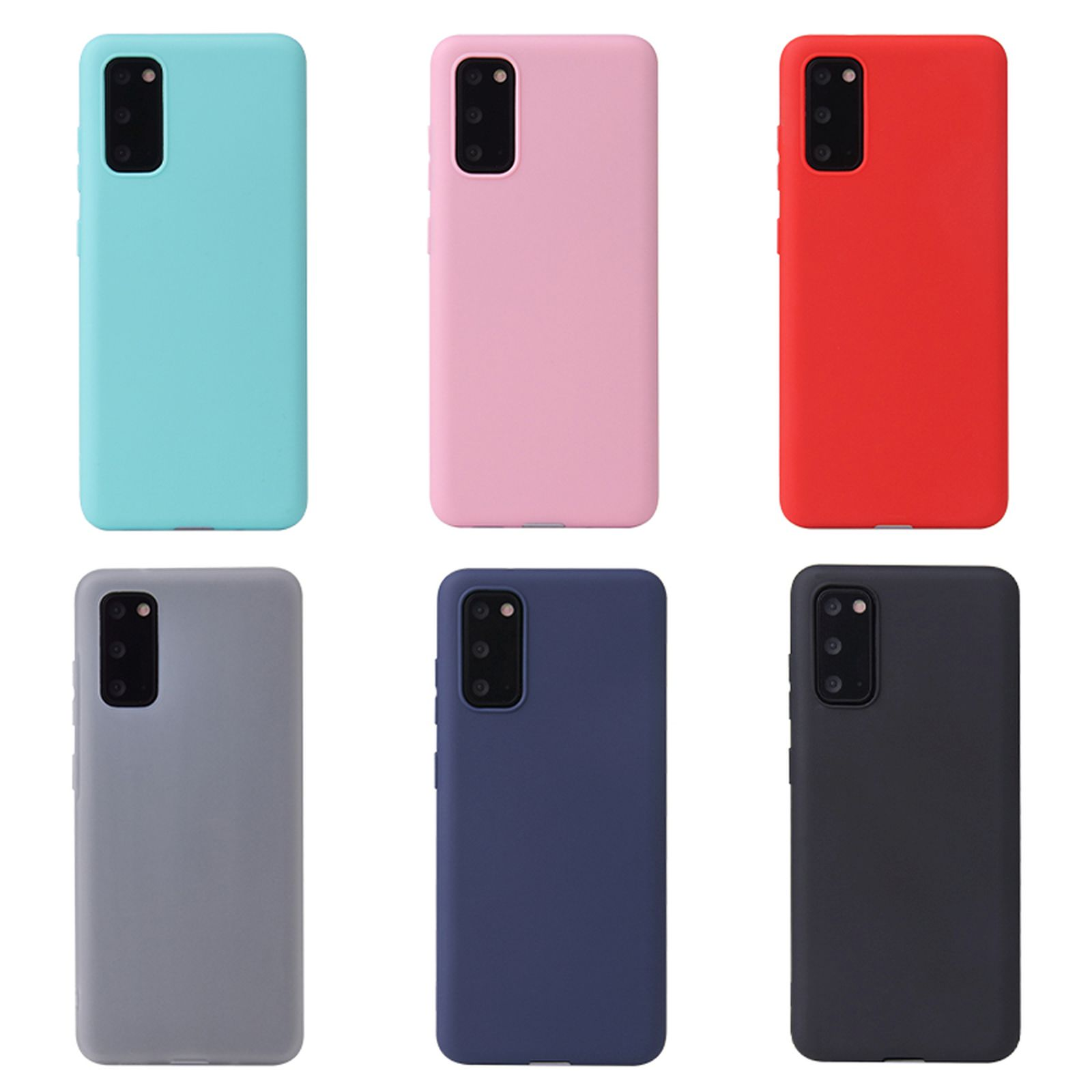 Sechs farbige Handyhüllen: Türkis, Pink, Rot, Grau, Marineblau und Schwarz.