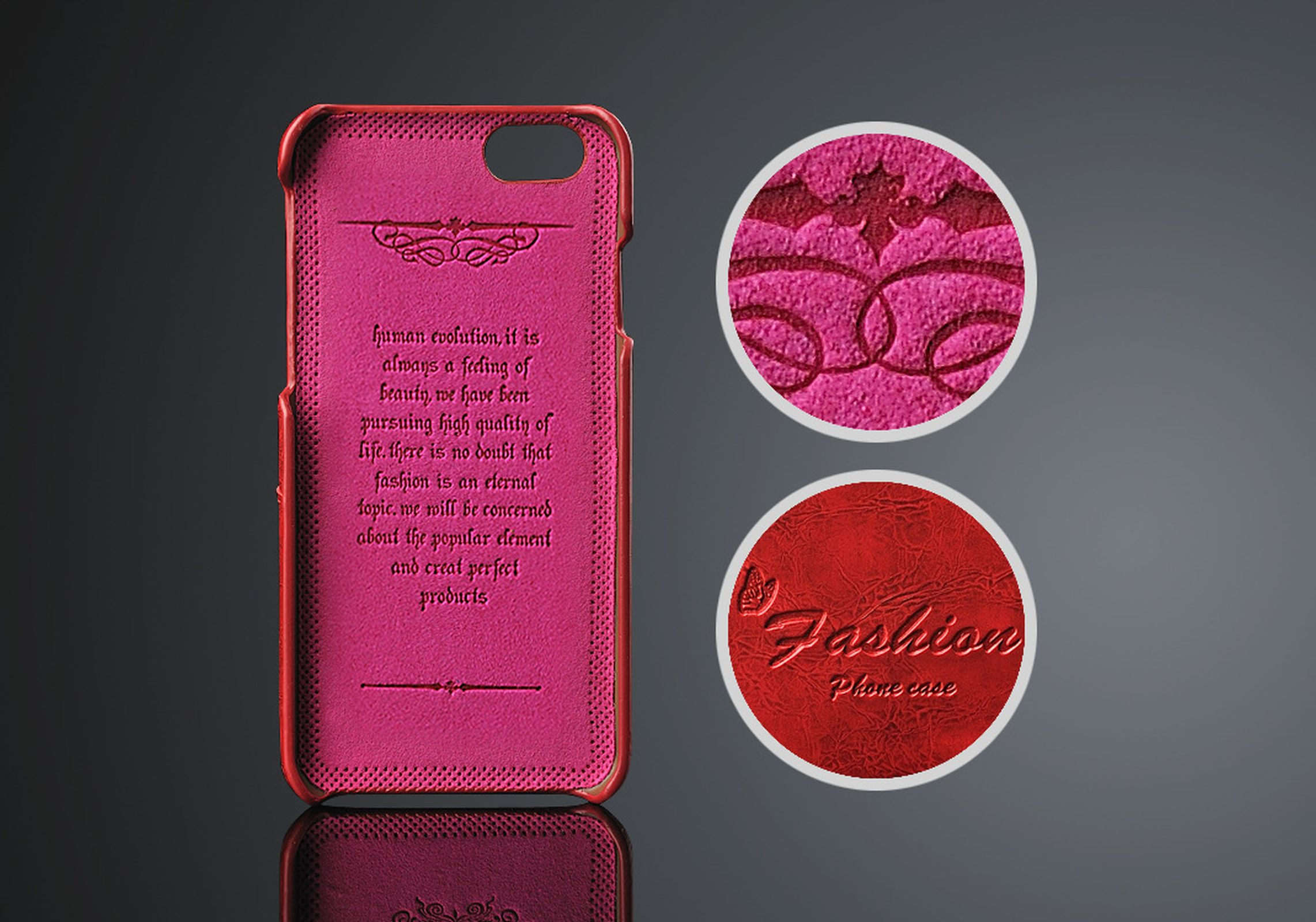 Eine rosa Handyhülle mit Text und dekorativen Mustern. Zwei vergrößerte Kreise zeigen Details der Textur der Hülle.