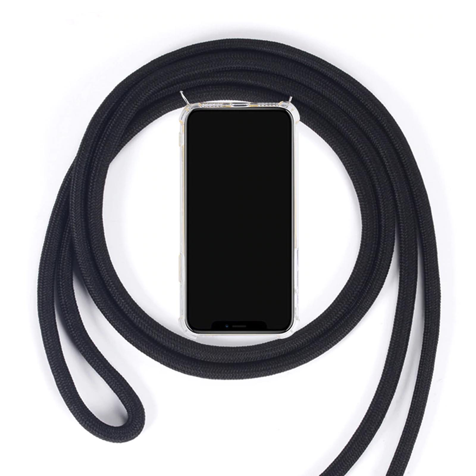 Schwarzes Telefon mit durchsichtiger Hülle und schwarzem Seil darum. Das Telefon ist zentriert.