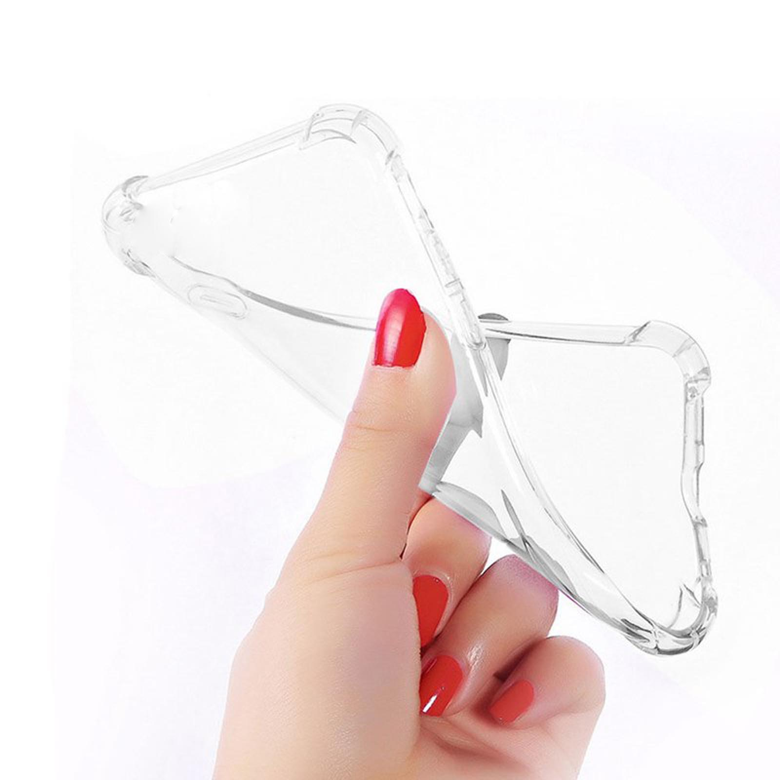 Hand hält eine transparente Handyhülle. Die Hülle ist flexibel und transparent mit rotem Nagellack.