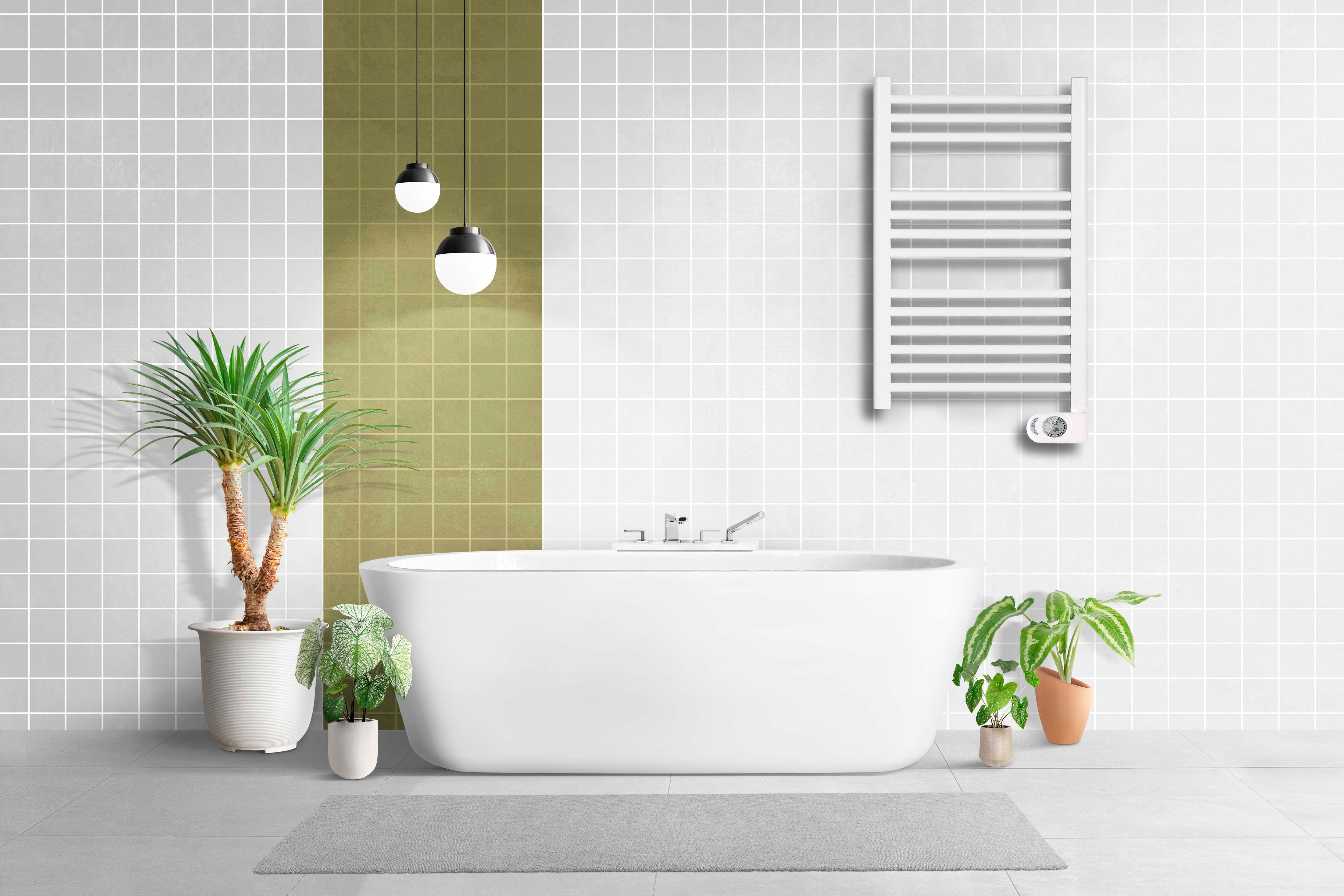 Un baño moderno con bañera blanca, plantas y toallero, esquema de color blanco y gris.