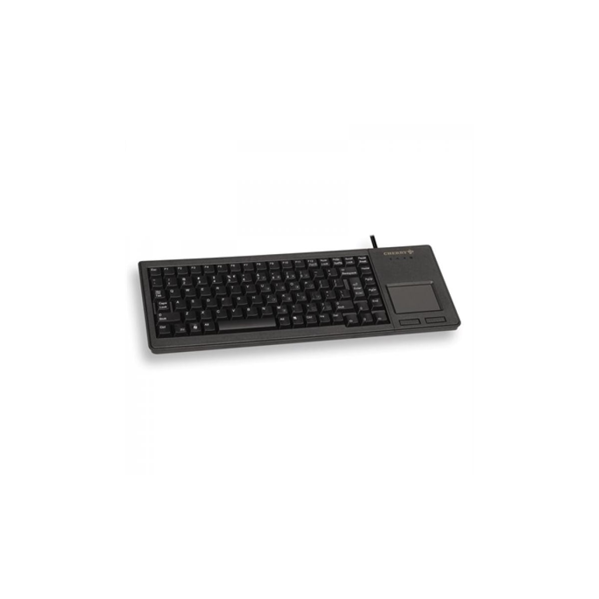 Teclado Cherry negro con panel táctil a la derecha, sobre superficie blanca.