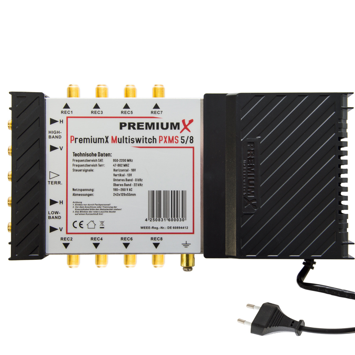 Ein PremiumX Multiswitch PXMS 5/8 Gerät mit goldenen und schwarzen Anschlüssen und Netzkabel.