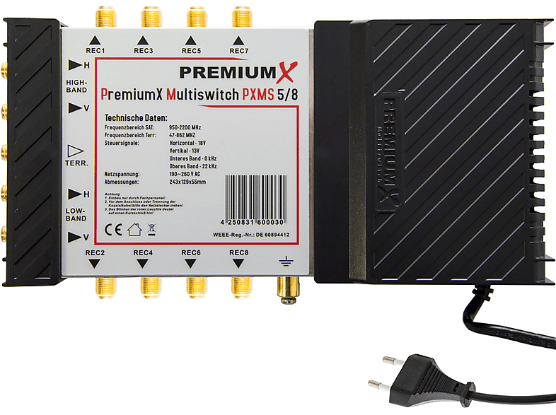 PREMIUMX PXMS 5/8 Multischalter mit Netzteil Multiswitch 1 SAT für 8 Teilnehmer Sat-Multischalter