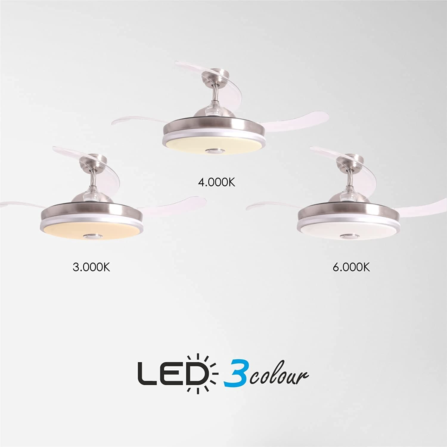 Tres ventiladores de techo con diferentes temperaturas de luz: 3000K, 4000K y 6000K. Aspas blancas y acabado metálico.