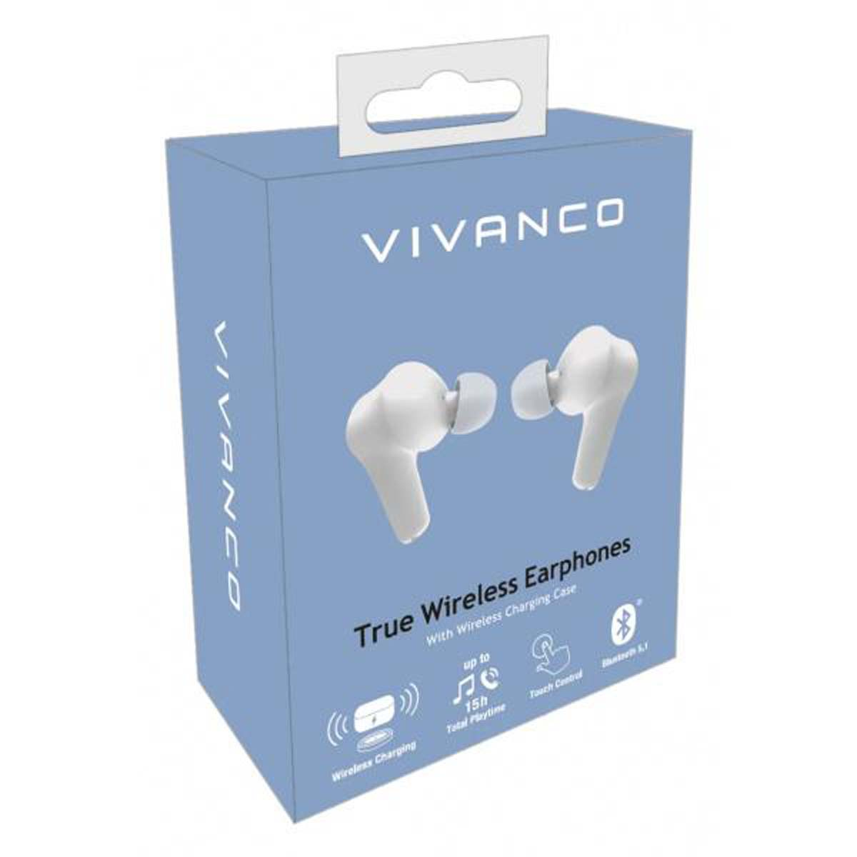 Una caja de auriculares inalámbricos Vivanco blancos. La caja tiene el nombre de la marca y características como carga inalámbrica.