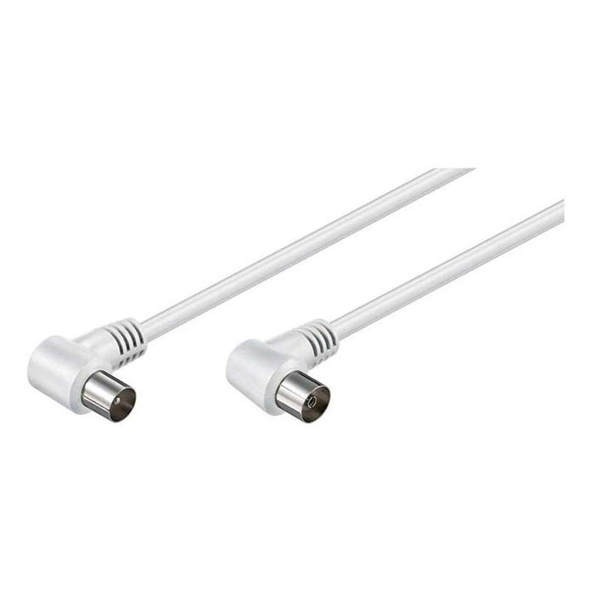 Dos cables coaxiales de TV blancos con conectores en ángulo se aíslan sobre un fondo blanco.