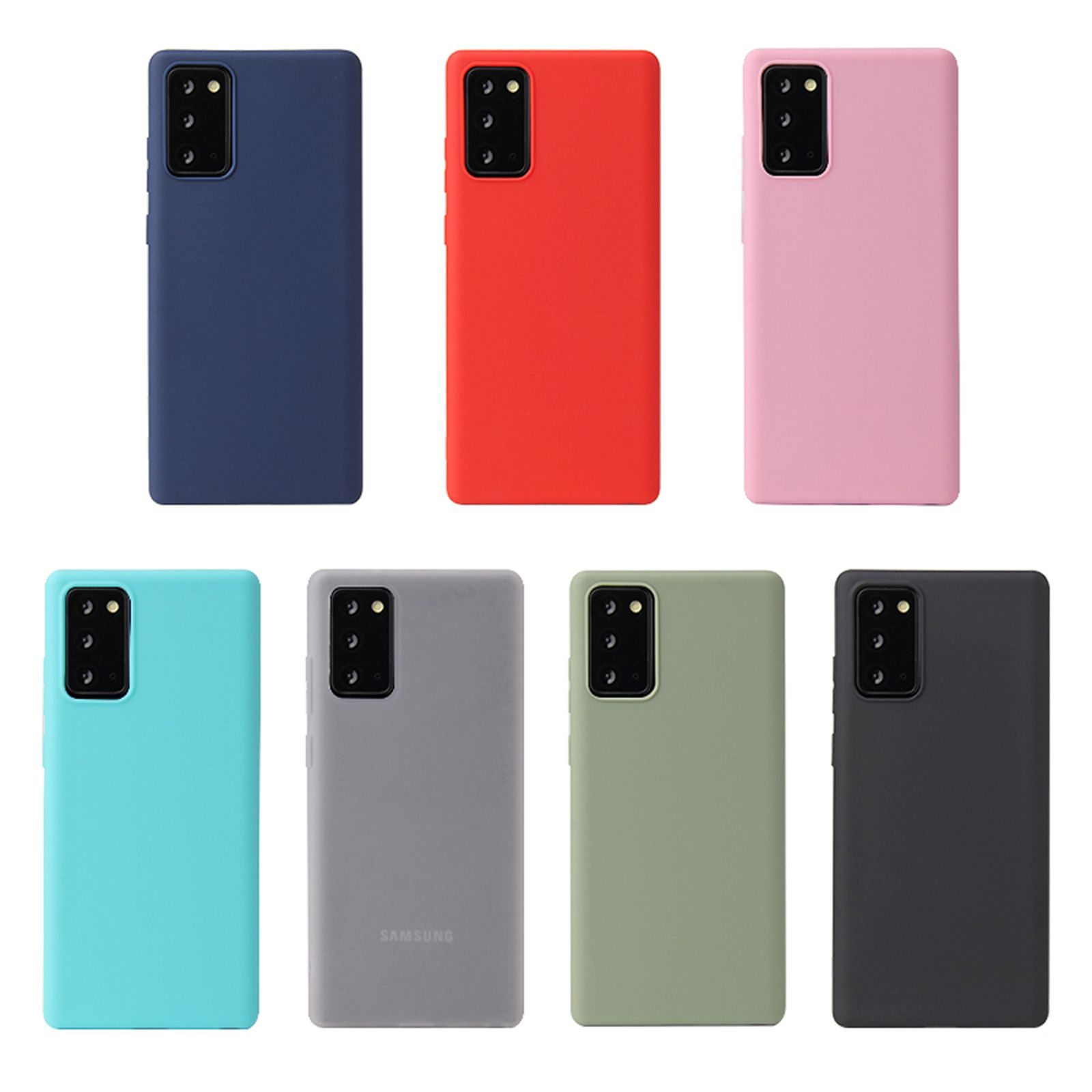 Sortiment an Handyhüllen in verschiedenen Farben. Enthält Blau, Rot, Rosa, Türkis, Grau, Grün und Schwarz.