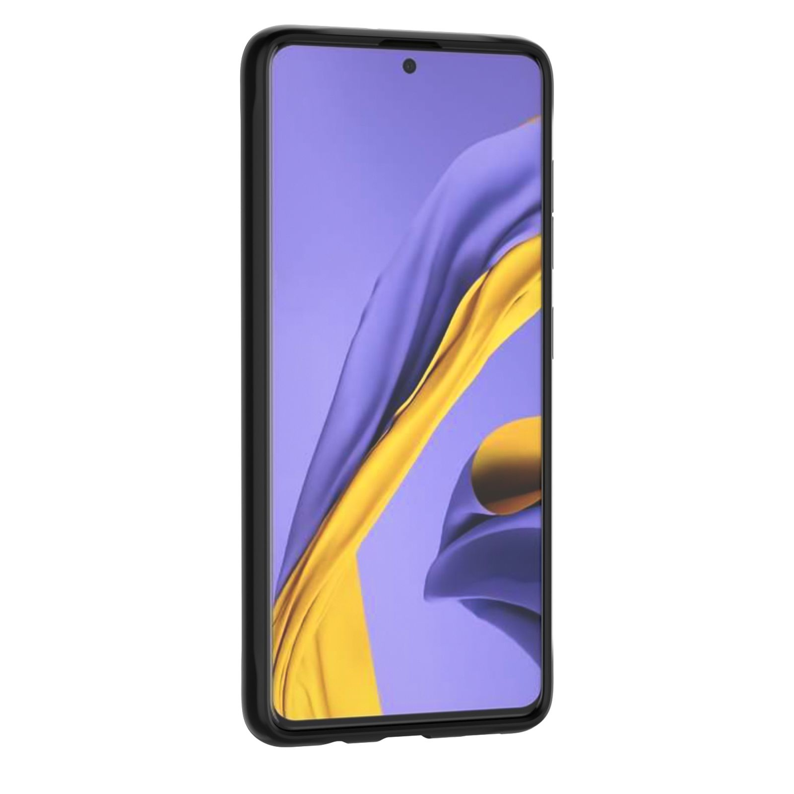 Schwarze Handyhülle mit einem Telefon darin. Lila und gelbes abstraktes Design.