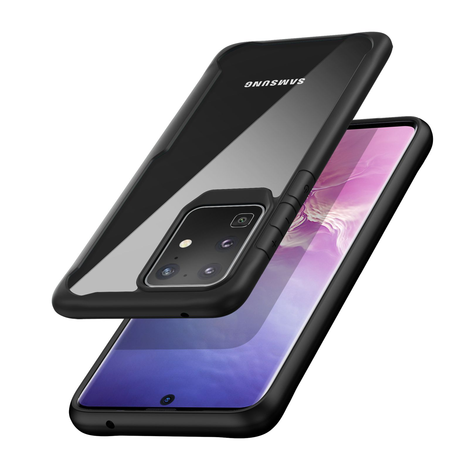 Schwarze Samsung-Handyhülle mit durchsichtigem Rücken. Das Telefon befindet sich in der Hülle, leicht angewinkelt. Das Samsung-Logo ist sichtbar.