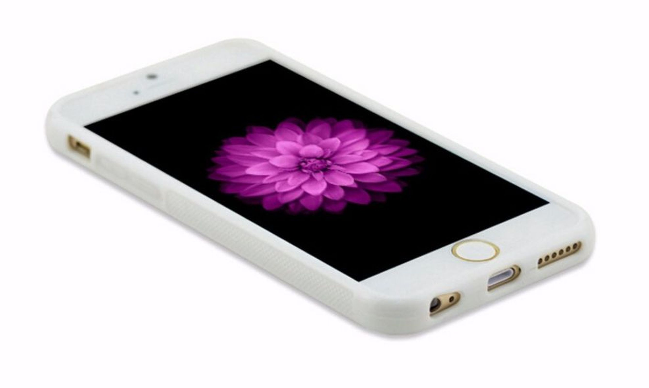 Weißes Smartphone mit einer lila Blume auf dem schwarzen Bildschirm. Es ist in einer weißen Schutzhülle.