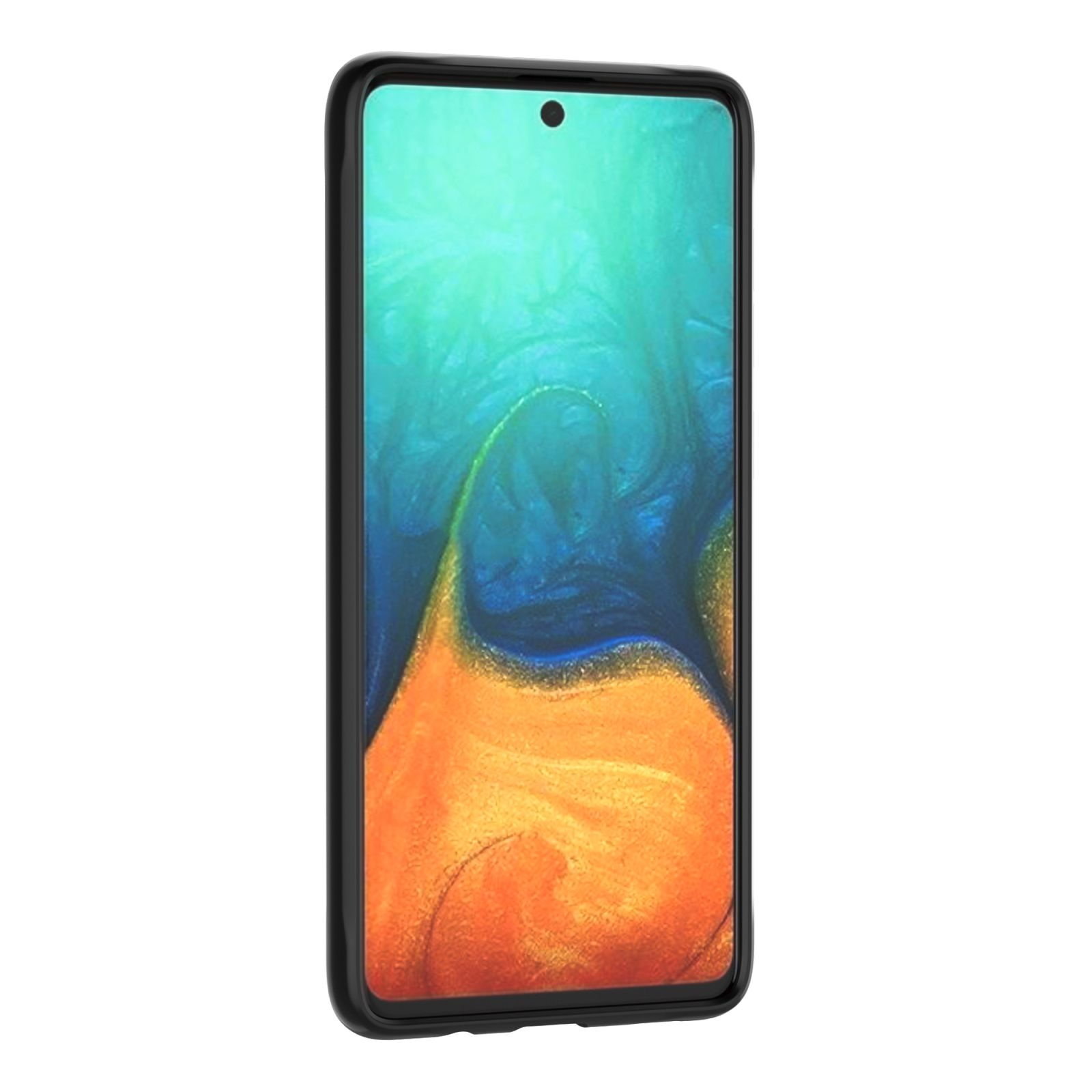 Telefon in schwarzer Hülle, Bildschirm zeigt eine farbenfrohe Landschaft.