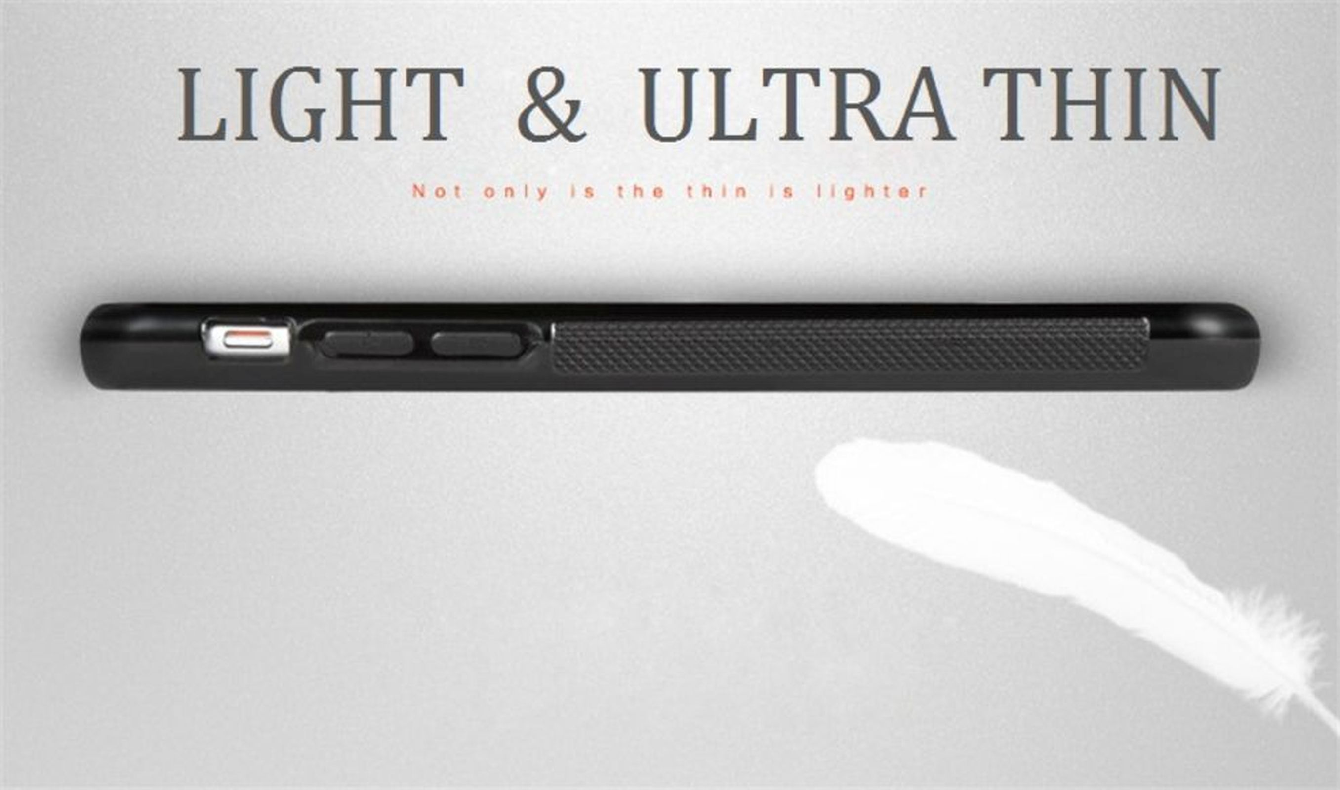 Seitenprofil einer Handyhülle mit Text: LIGHT & ULTRA THIN. Eine weiße Feder ist vorhanden.