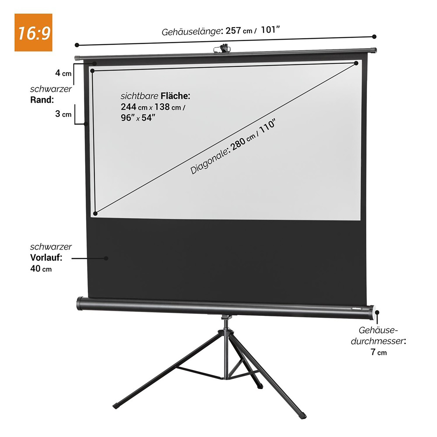 Eine Projektorleinwand mit schwarzem Rand und Ständer. Es zeigt eine weiße Oberfläche.