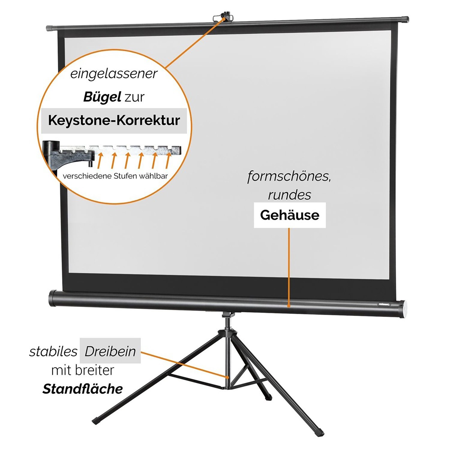 Projektorleinwand auf Stativ, mit Zoom auf Trapezkorrektur und rundem Gehäuse.