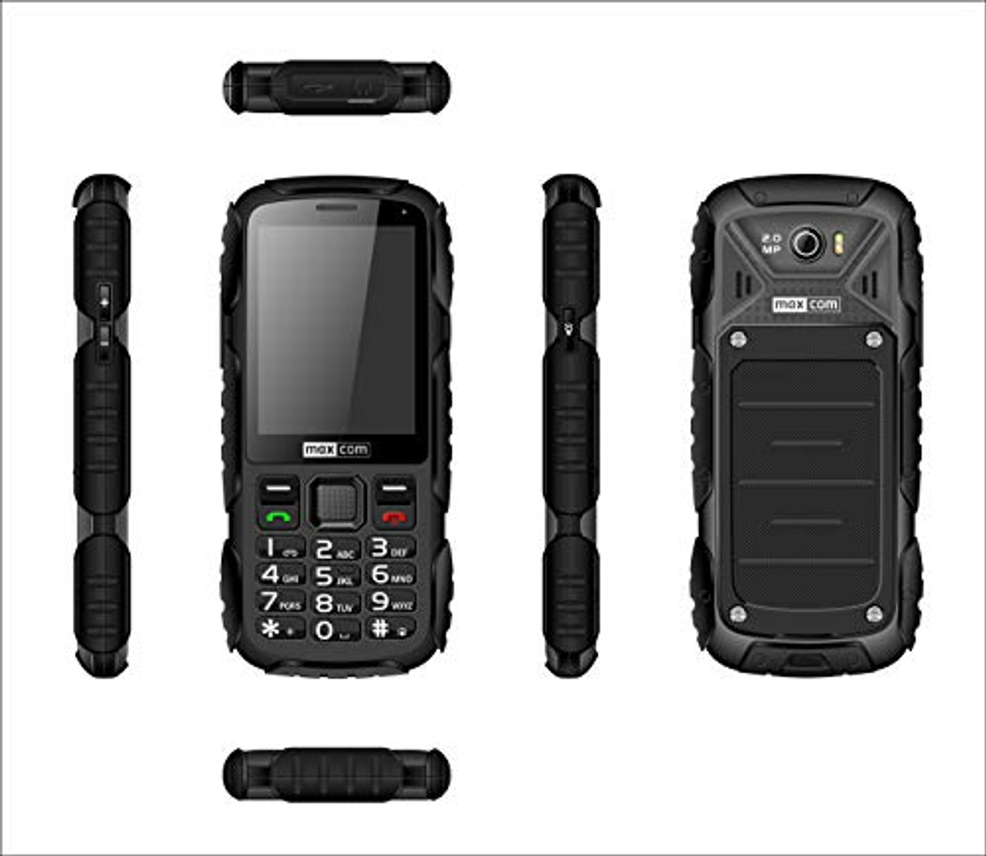 Wytrzymały czarny telefon komórkowy z klawiaturą numeryczną i ekranem.