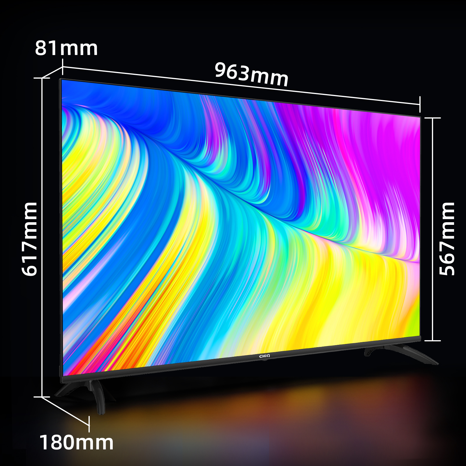 TV-Bildschirm mit farbenfroher abstrakter Kunst; Maße: 963 mm Breite, 617 mm Höhe.