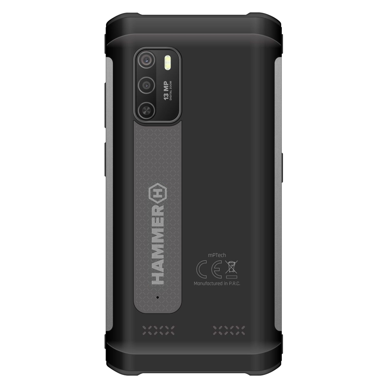 Schwarzes, robustes Telefon mit drei Kameras und dem Hammer-Logo auf der Rückseite.