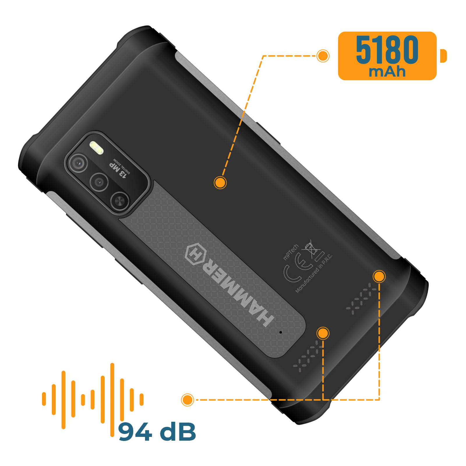 Ein schwarzes Hammer-Telefon mit 5180 mAh Akku. Es hat eine 13 MP Kamera und 94 dB Schallpegel.
