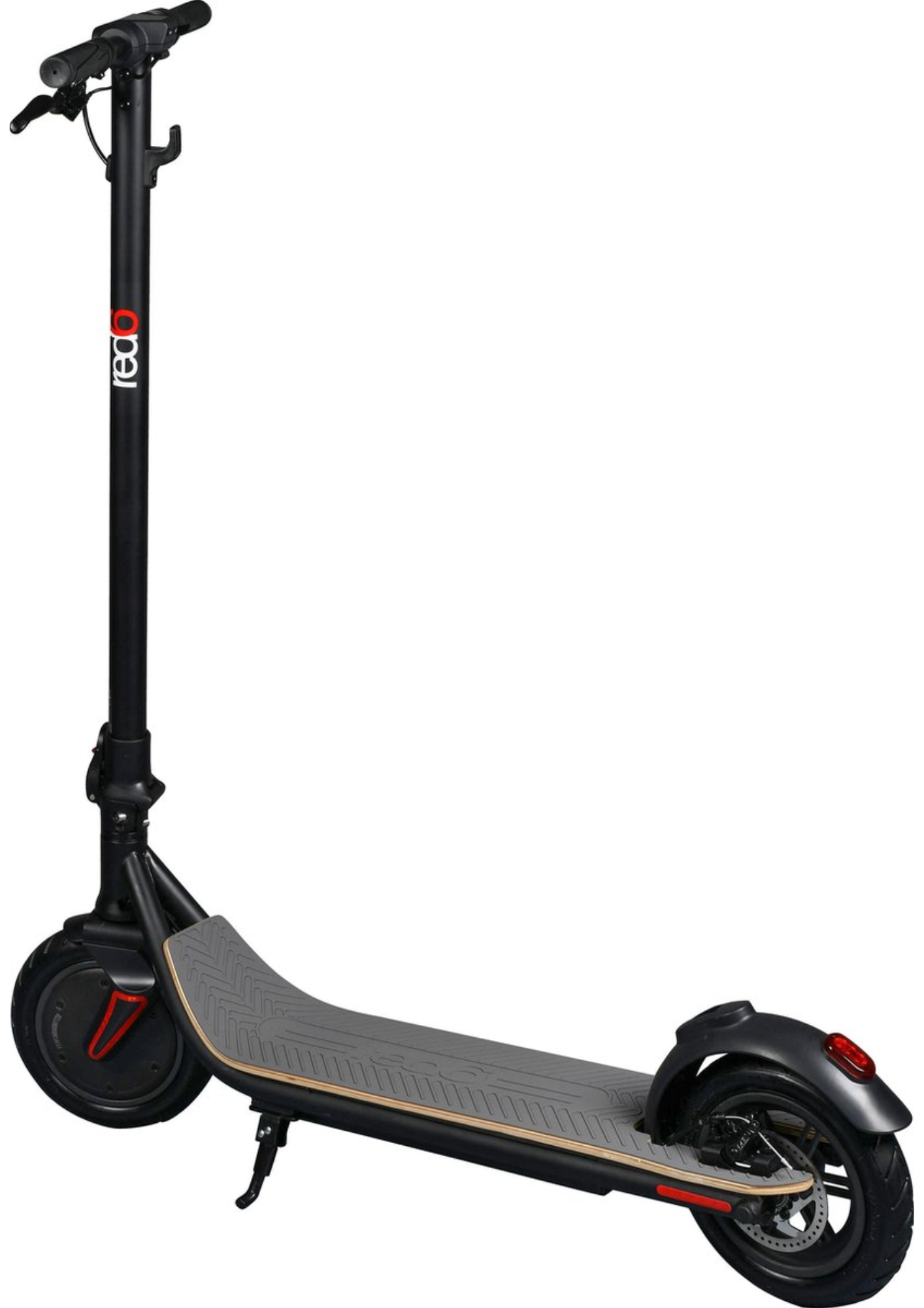 Black and gray RedGo electric scooter. Angled view. White background. Handlebars and wheels.