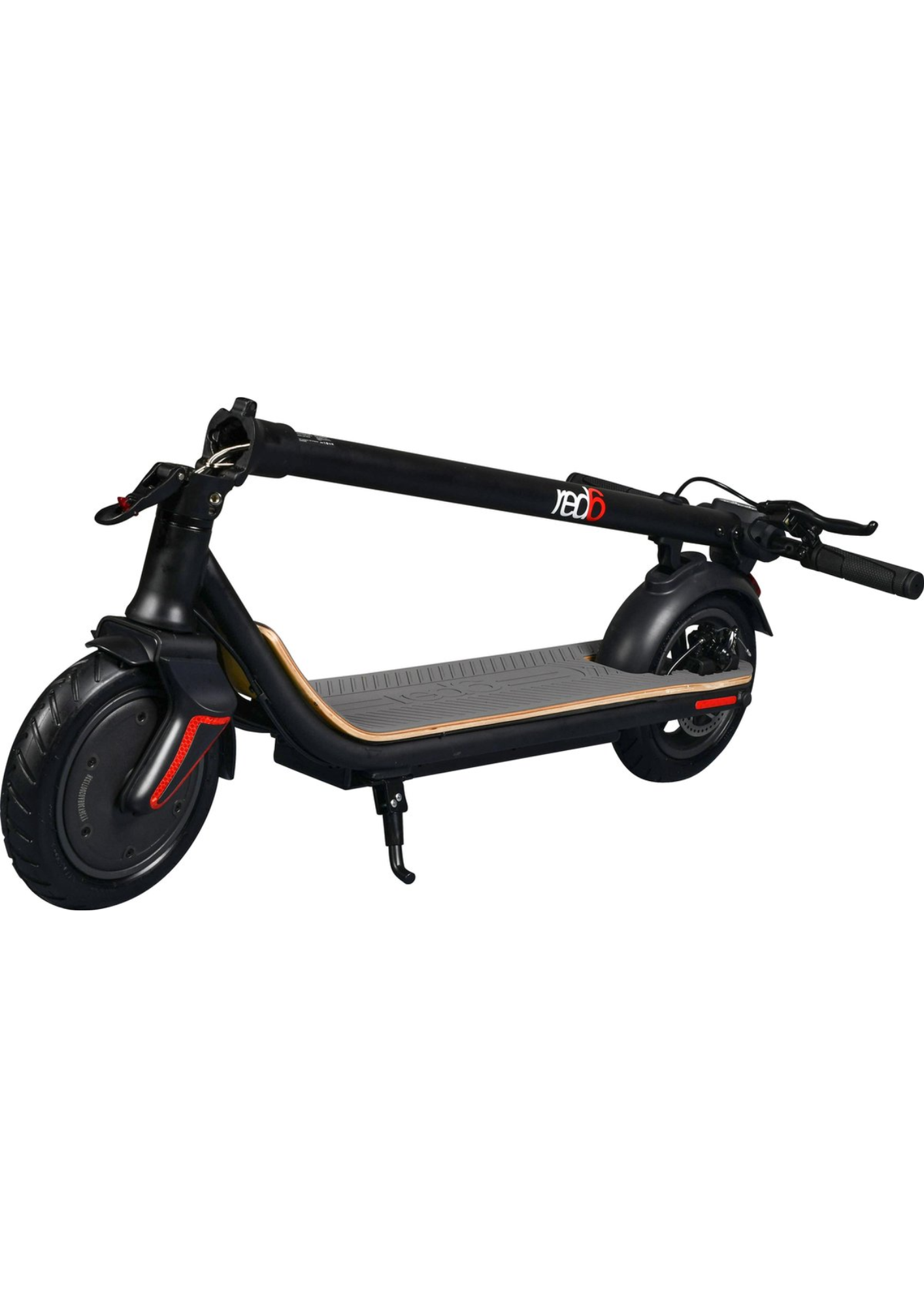 Black electric scooter with wooden deck. Black handlebars and wheels. White background.
