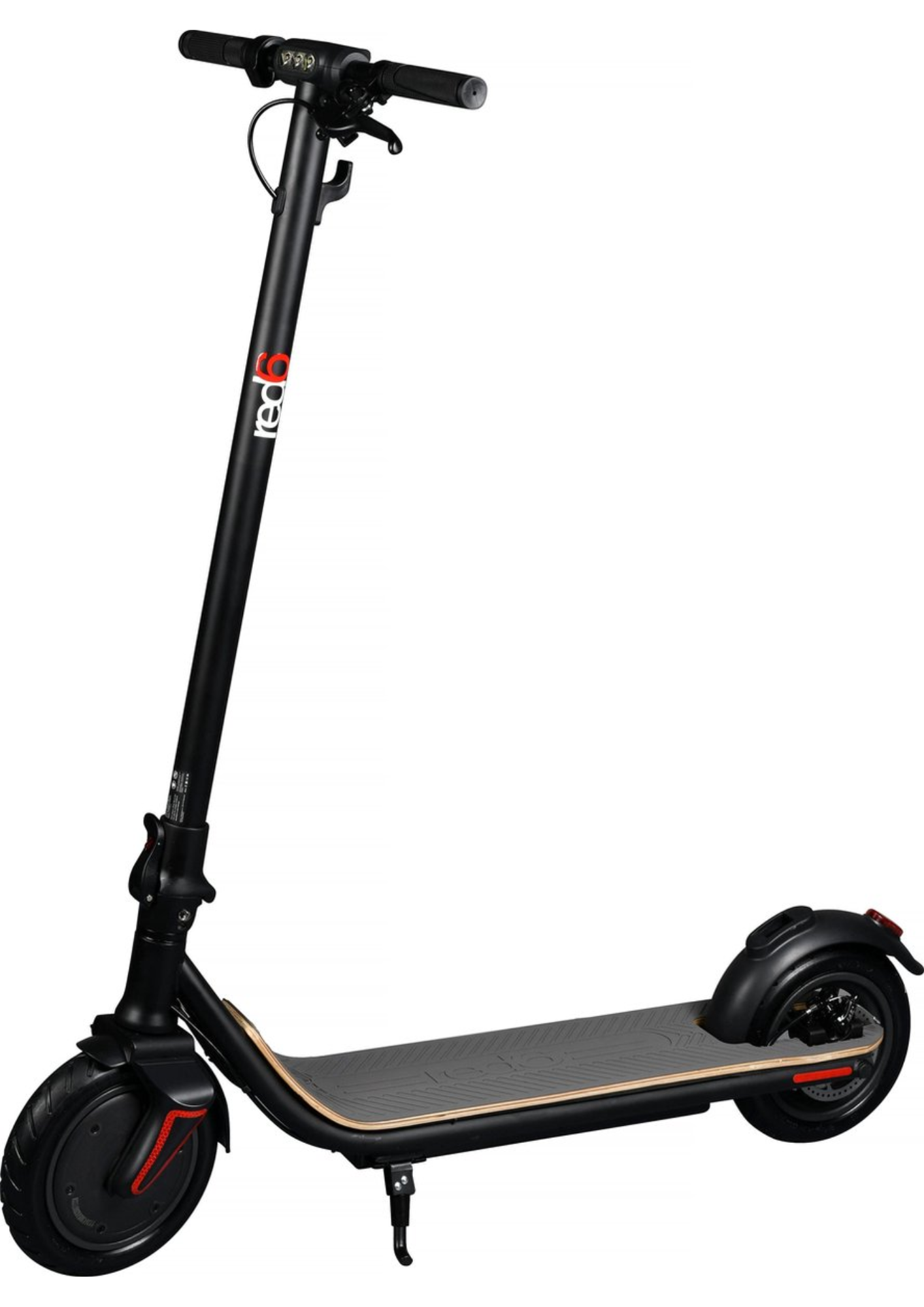 Black and red electric scooter on a white surface. The scooter has a black stem and handlebars.
