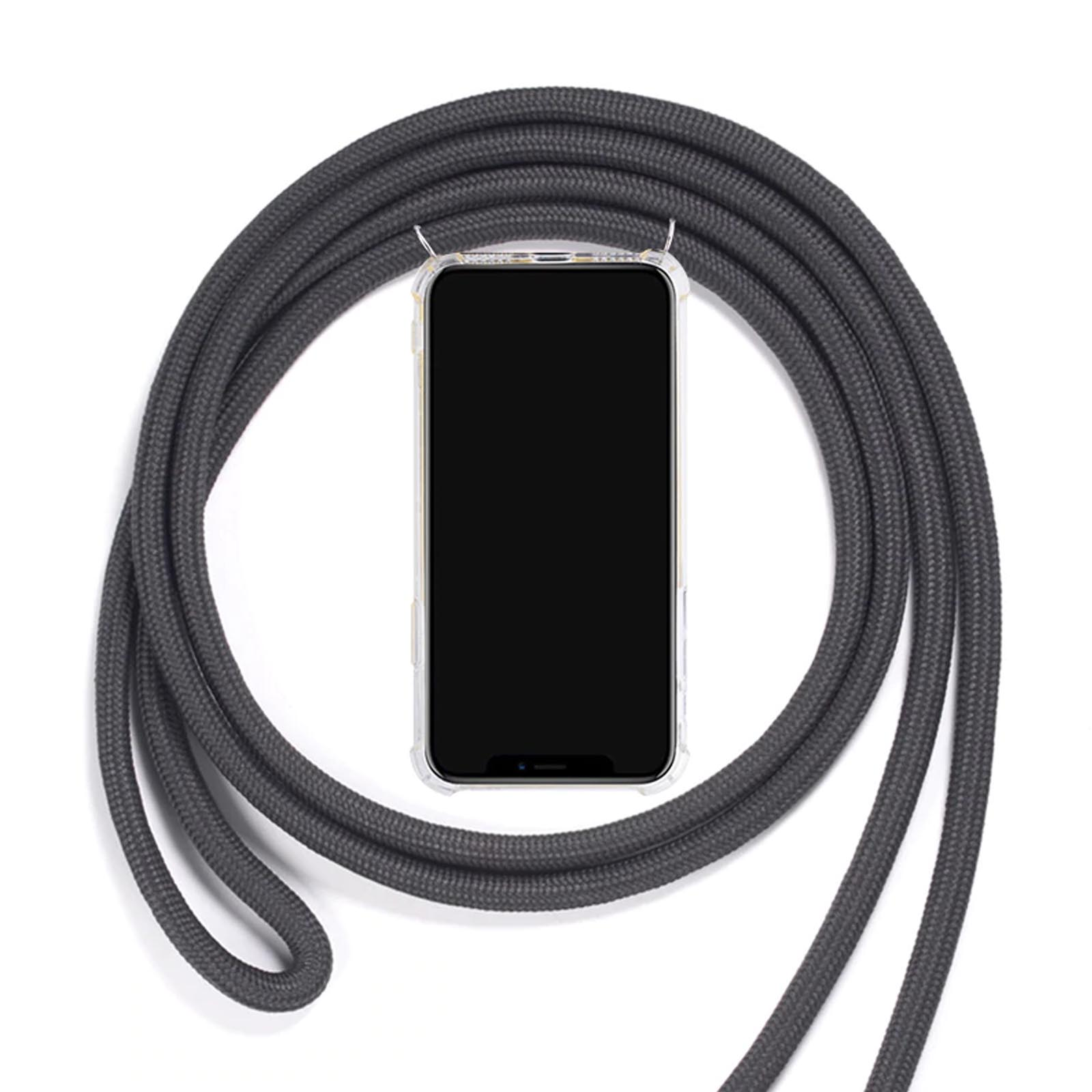 Eine transparente Handyhülle mit einem grauen Seilriemen, auf weißem Hintergrund. Das Telefon ist schwarz.