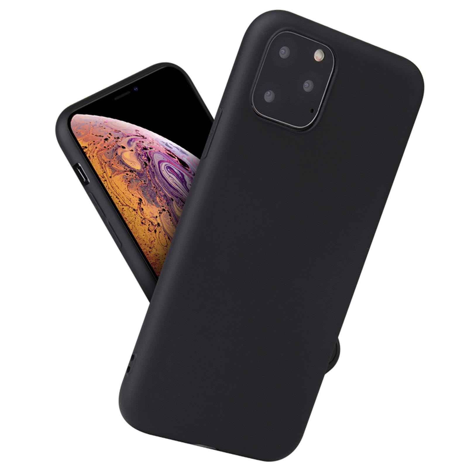 Ein schwarzes Telefon mit einer schwarzen Hülle, das Telefon lehnt an der Hülle.