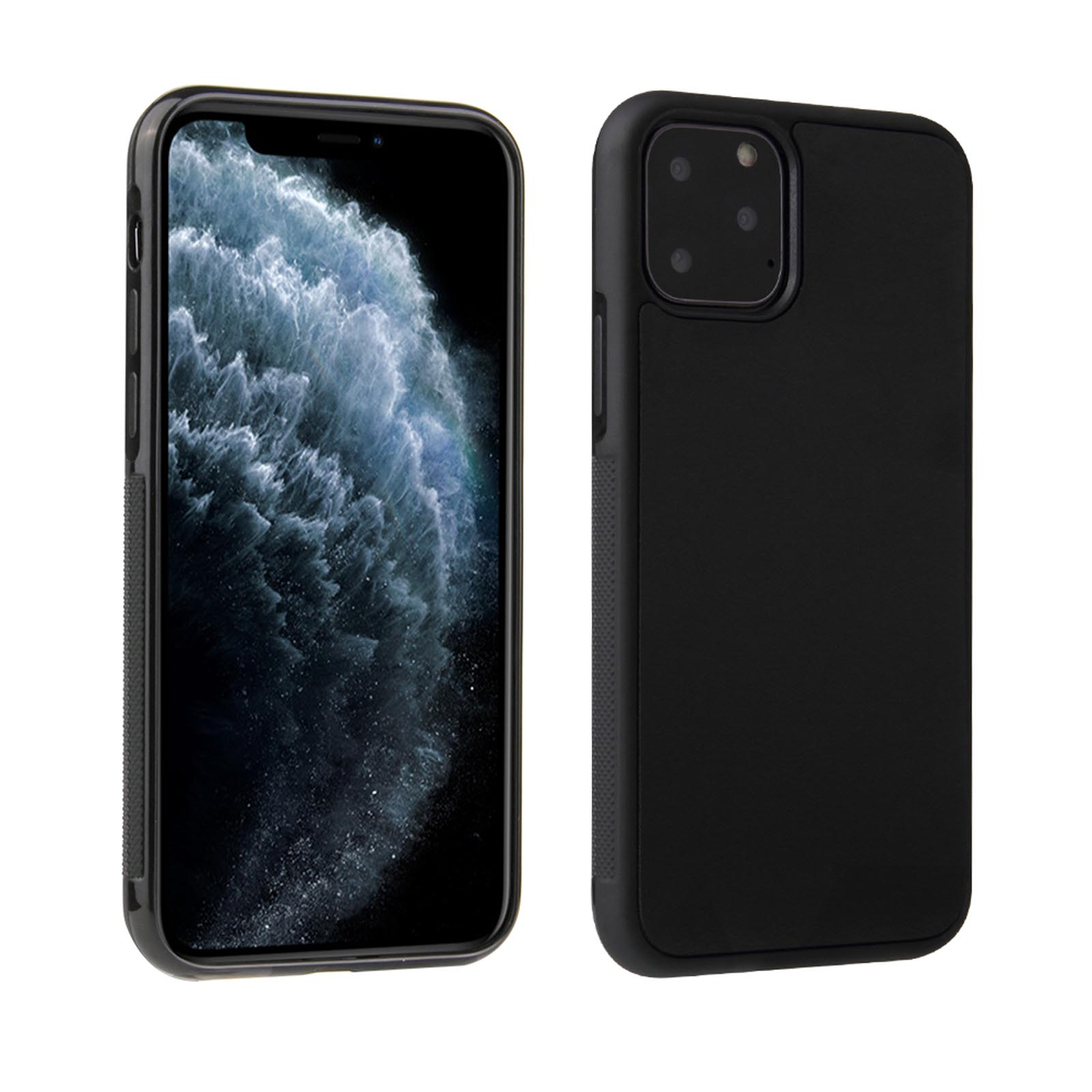 Zwei schwarze Telefone mit schwarzer Hülle. Eines zeigt den Bildschirm.