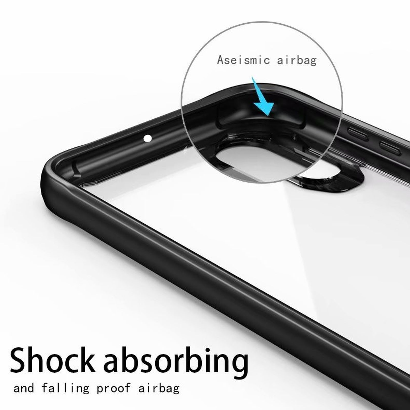 Schwarze Handyhülle mit hervorgehobenem Bereich mit 'Aseismic Airbag' und 'Shock absorbing'.