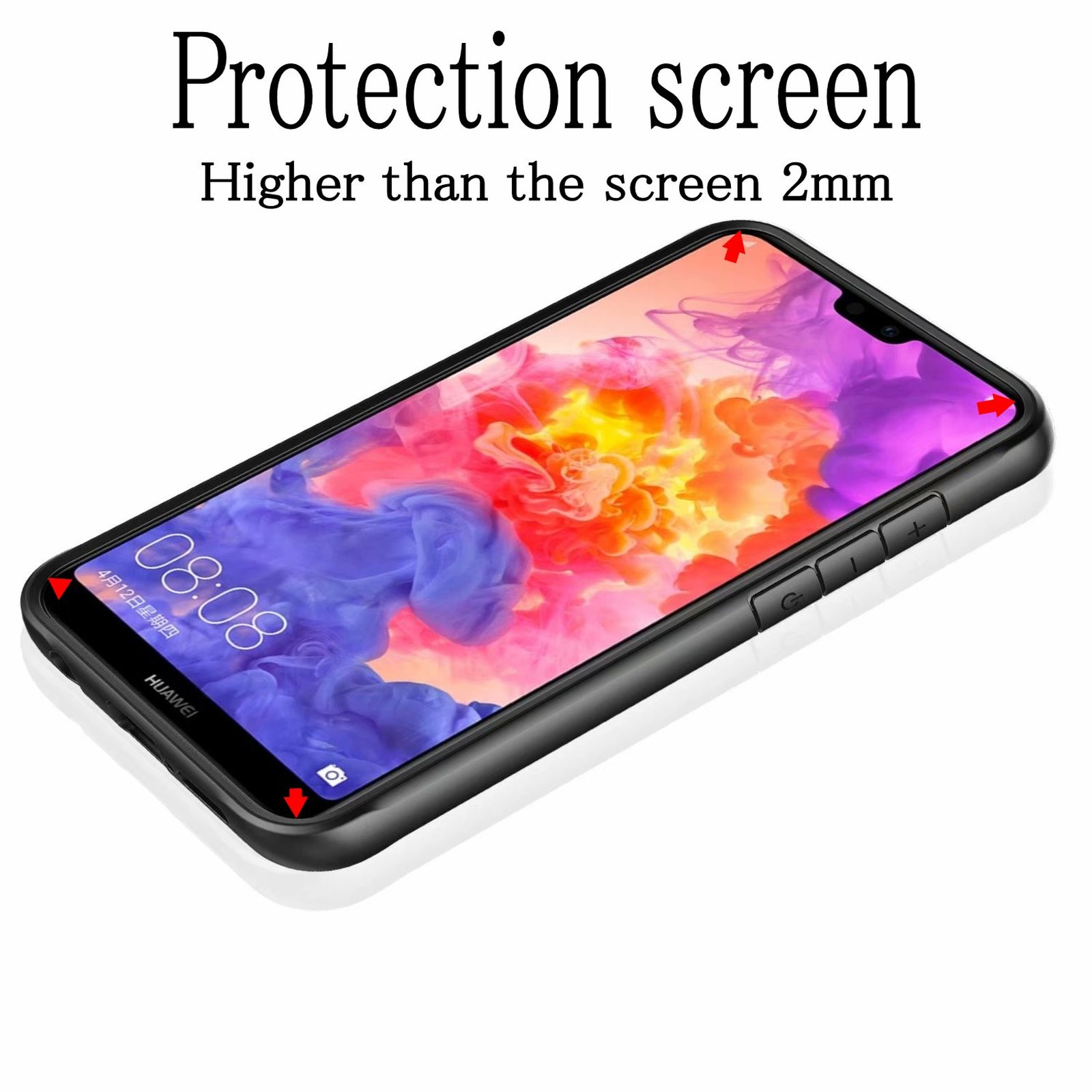Ein Telefon in einer schwarzen Hülle, die den Displayschutz hervorhebt. Text oben.
